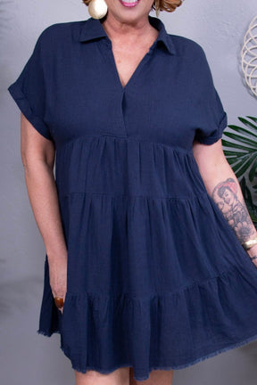 Own Your Fashion Dark Navy Raw Hem Tiered Dress