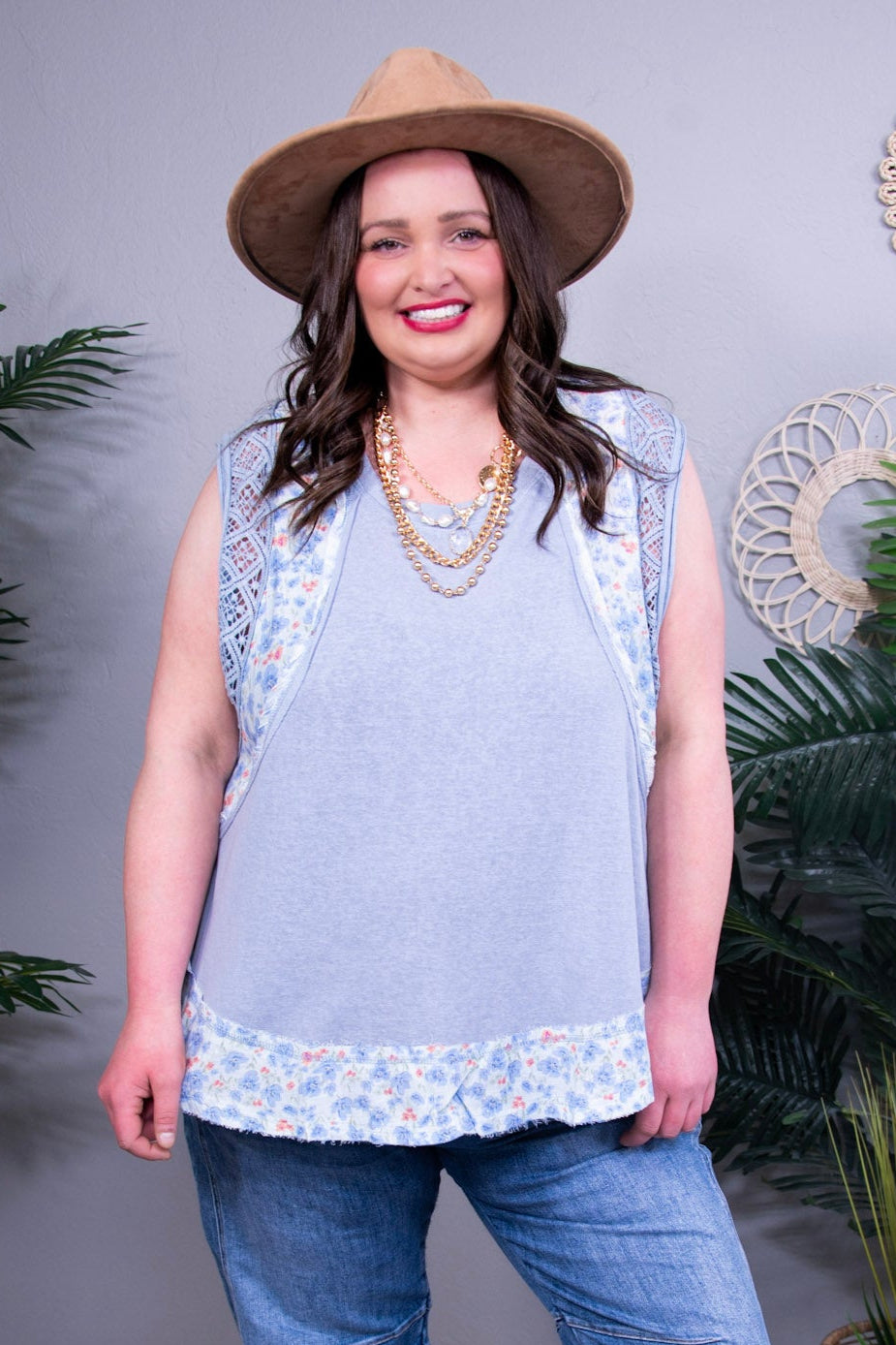 Chic In Lace Light Blue Floral Frayed Hem Top