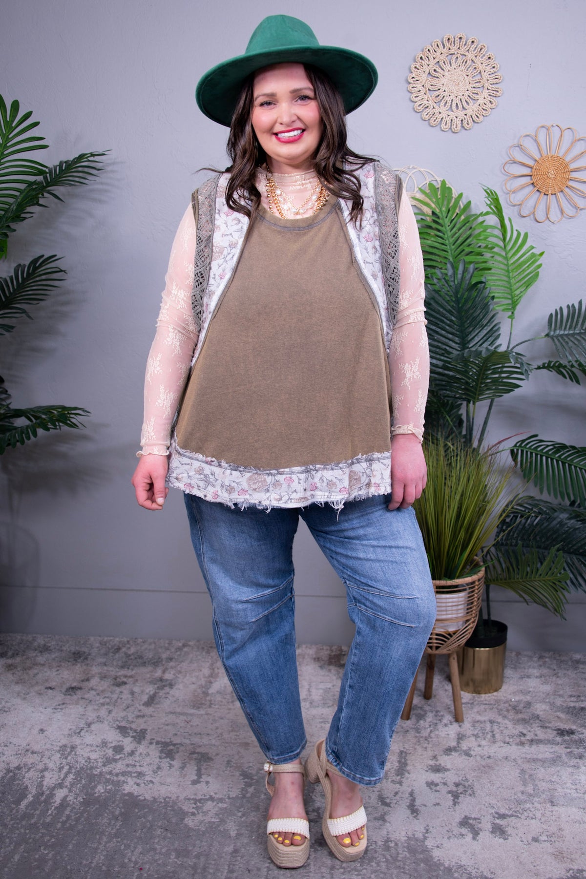 Chic In Lace Coffee Brown Floral Frayed Hem Top