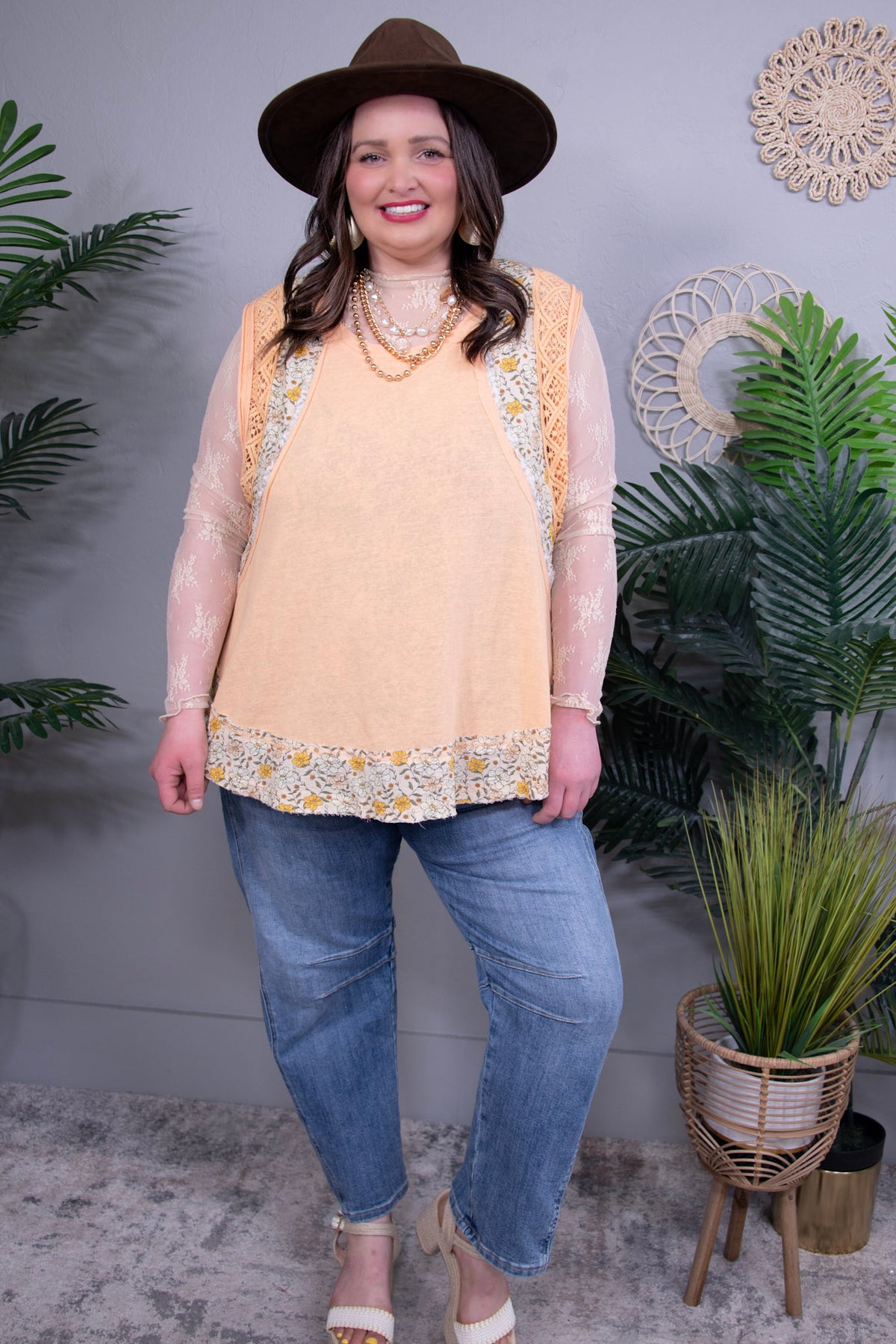 Chic In Lace Sherbet Floral Frayed Hem Top