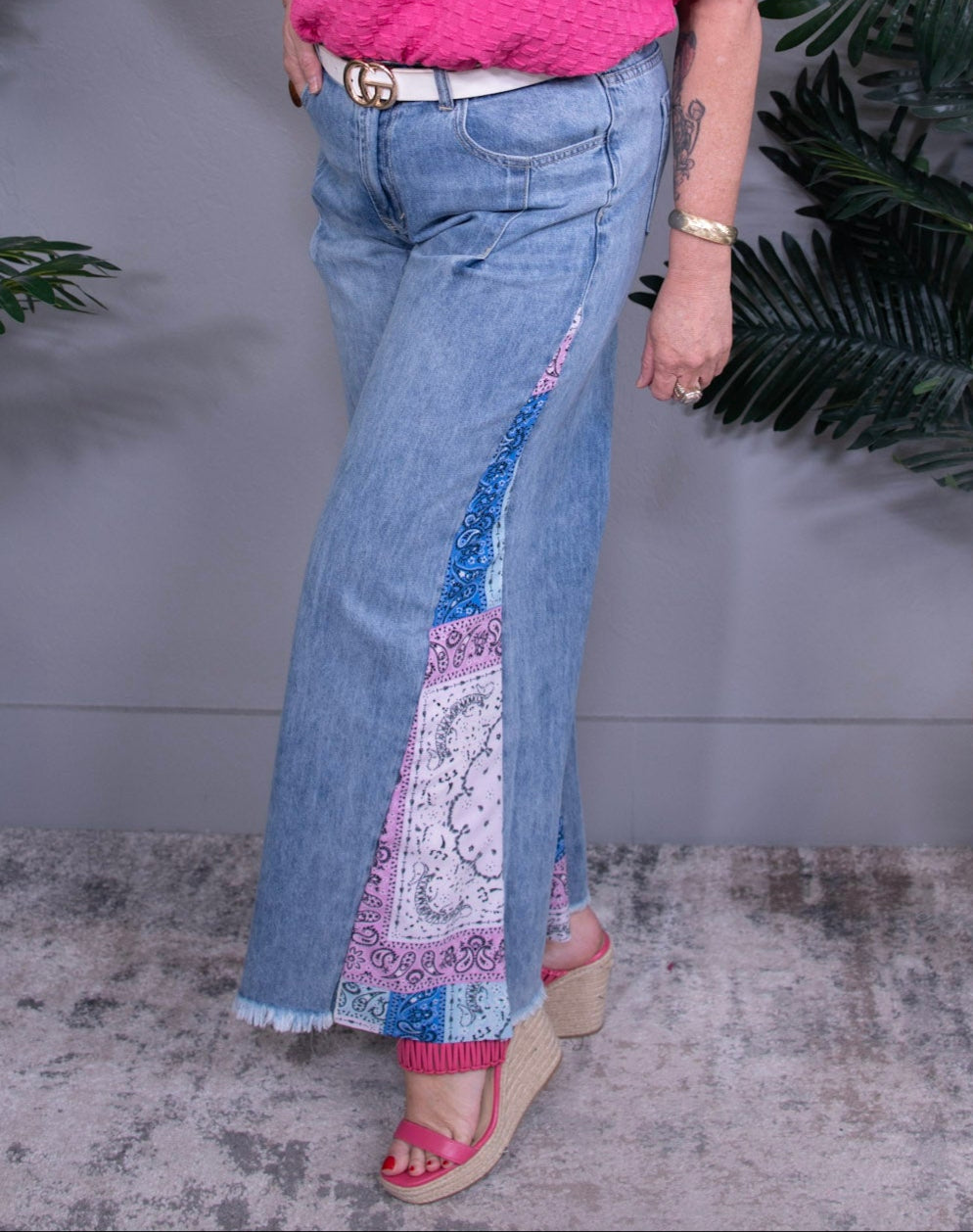 Denim With Attitude Raw Hem Paisley Print Wide Leg Jean