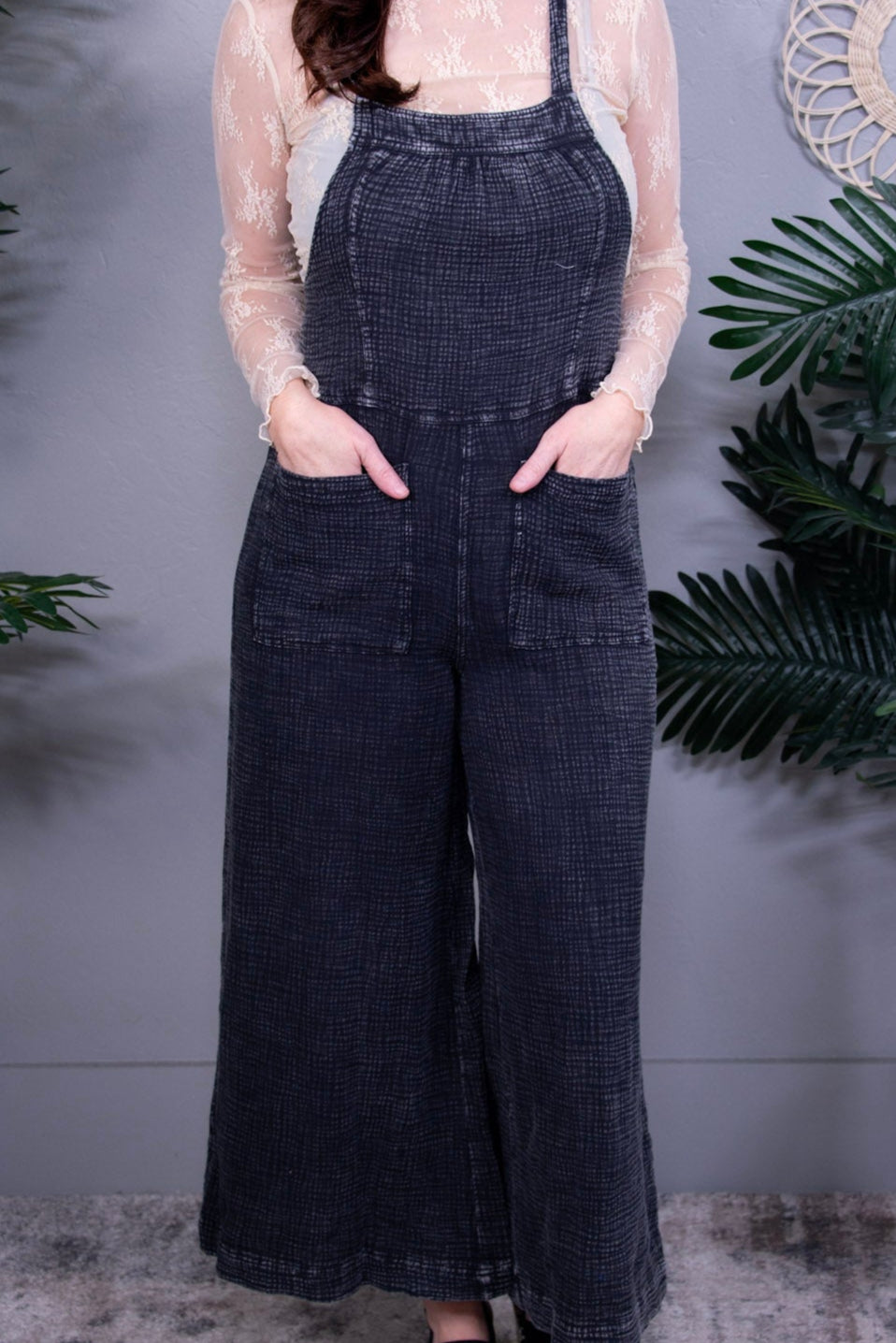 Overall Vibes Washed Black Textured Wide Leg Overalls