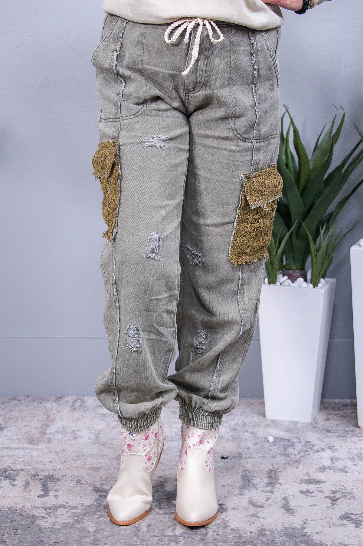 Rowan Olive Crochet Distressed/Frayed Jeans - K1230OL