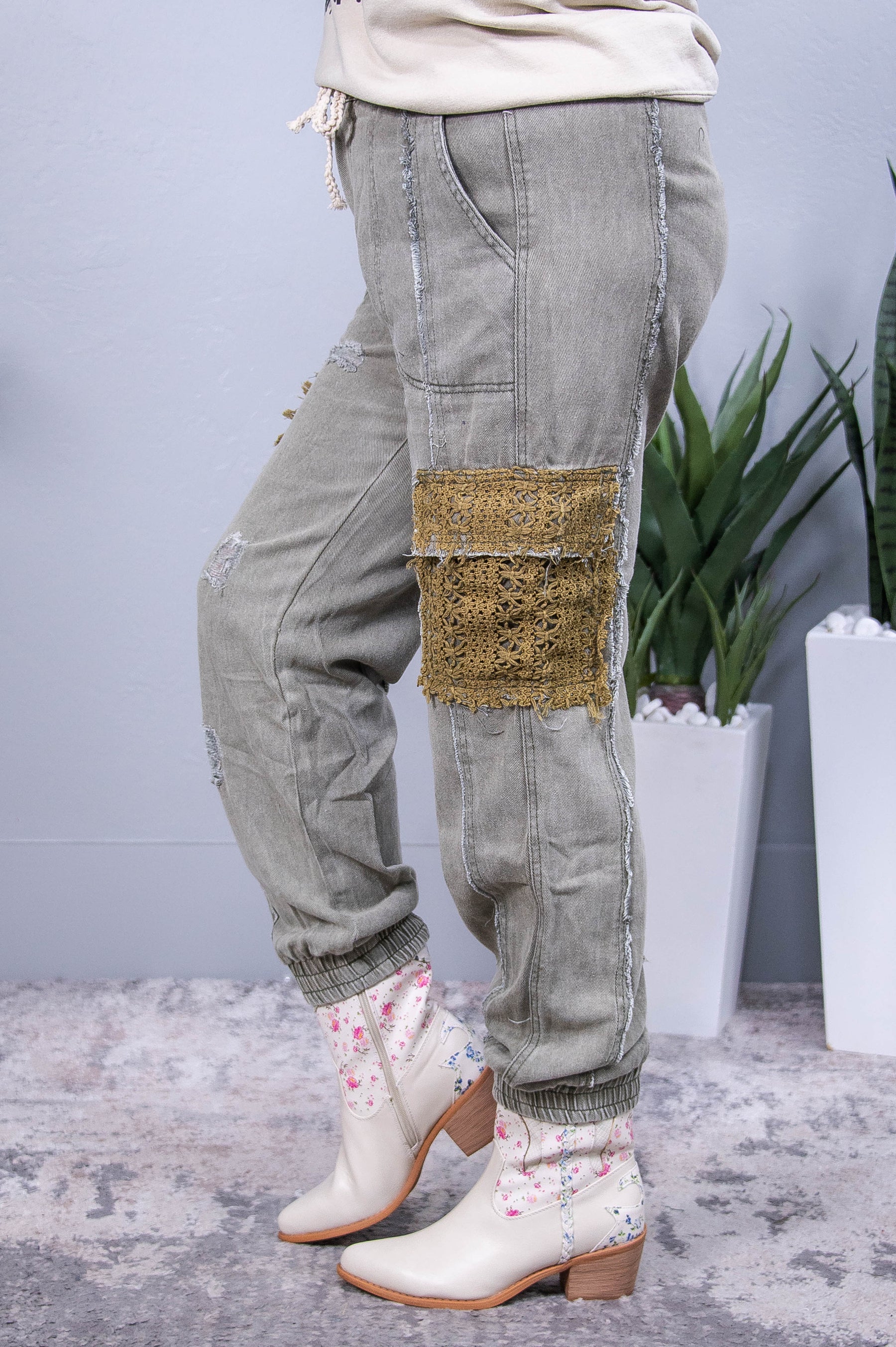 Rowan Olive Crochet Distressed/Frayed Jeans - K1230OL