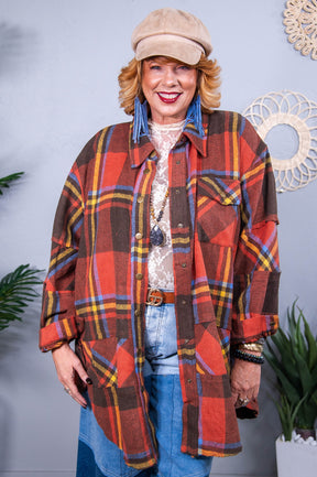 Race to The Top Rust/Multi Color Plaid Patchwork Jacket - O5574RU