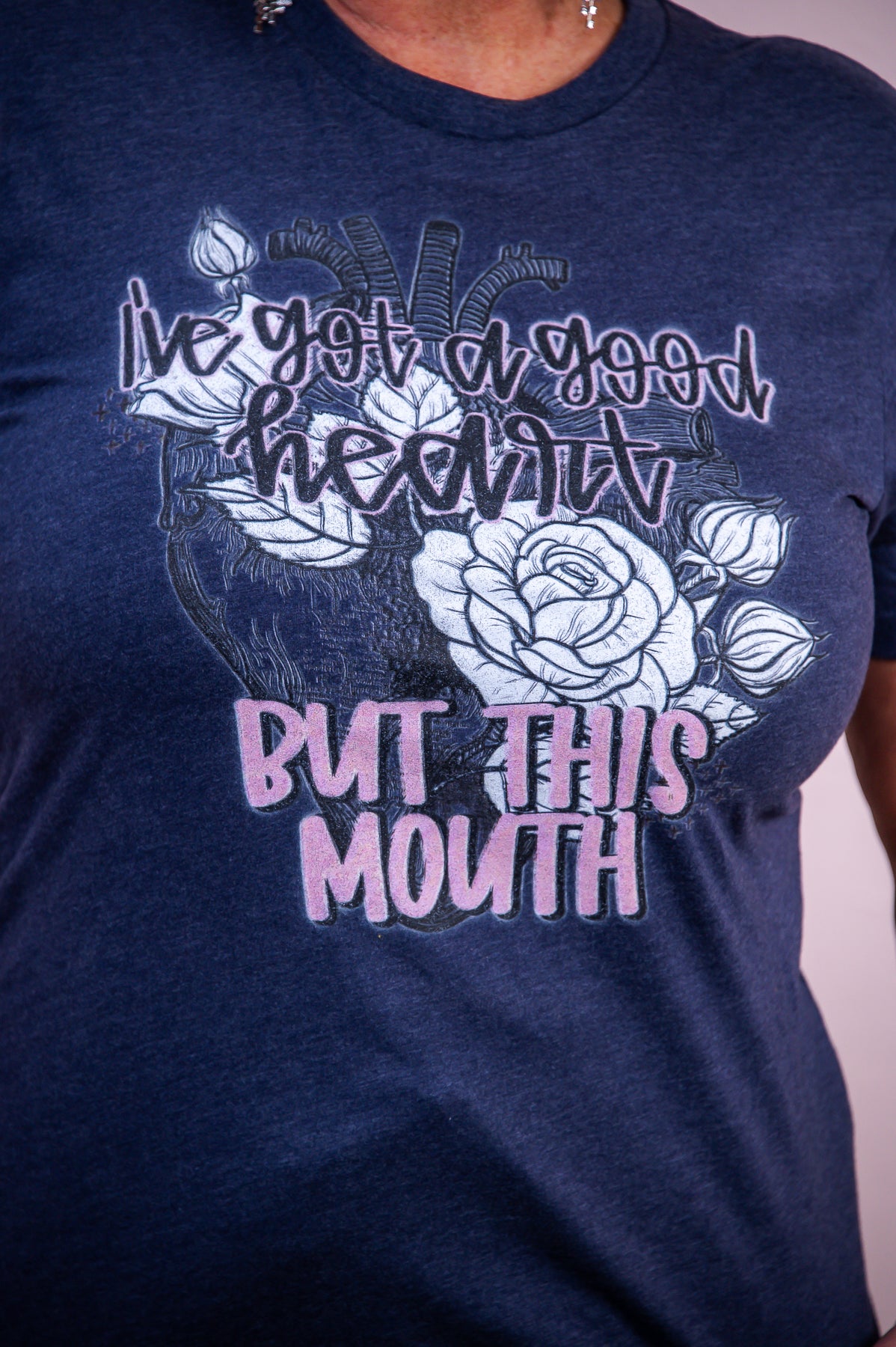 Good Heart But This Mouth Heather Midnight Navy Graphic Tee - A3368HMN