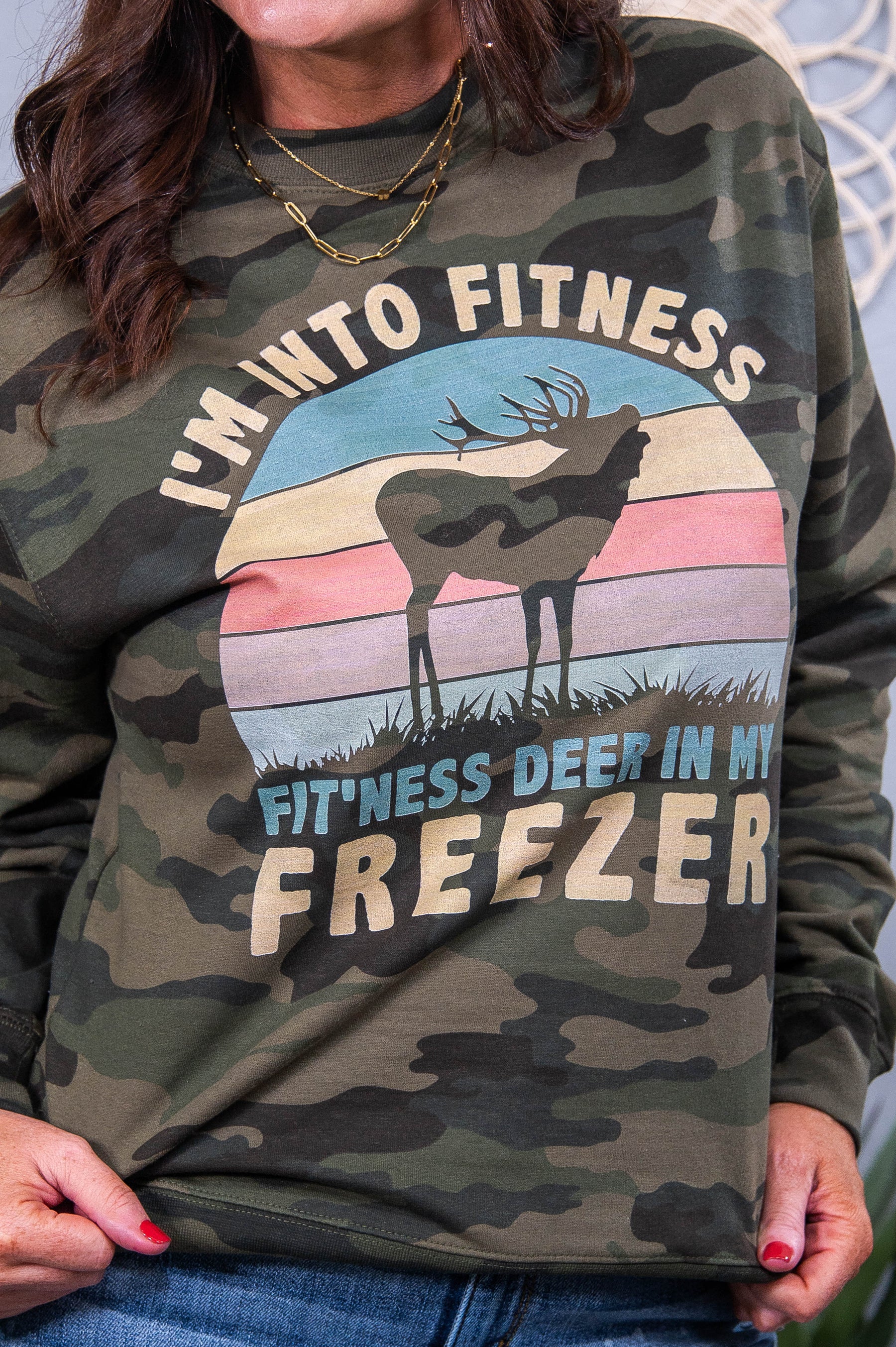 I'm Into Fitness Forest Camouflage Graphic Sweatshirt - A3629FCA