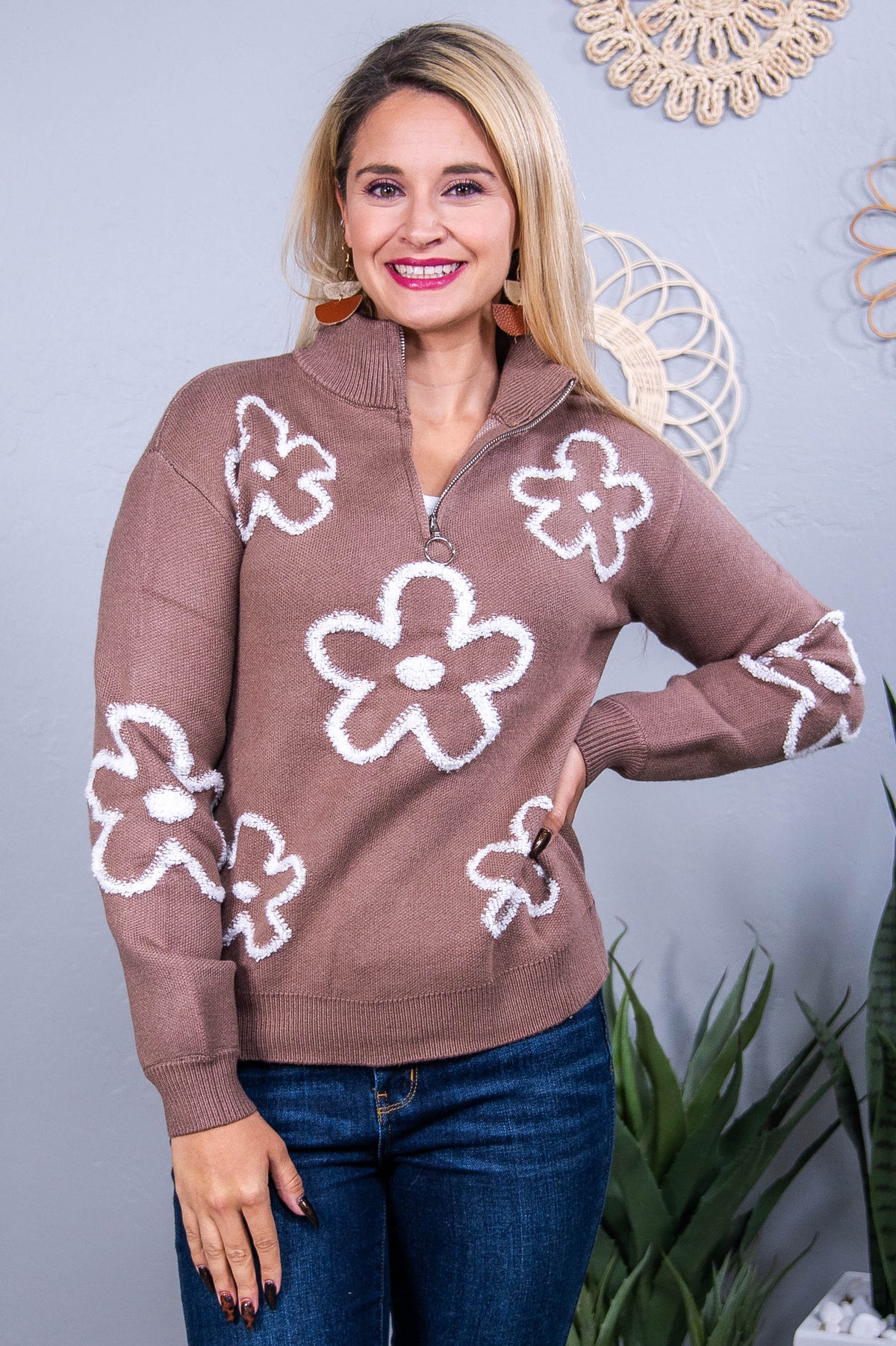 Feeling Fearless Mocha/White Floral Sweater - T10488MO