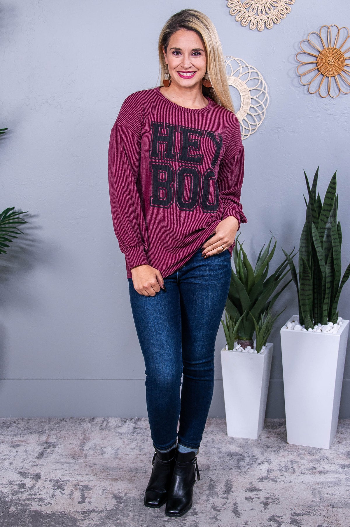 Hey Boo Wine Ribbed Top - T10487WN