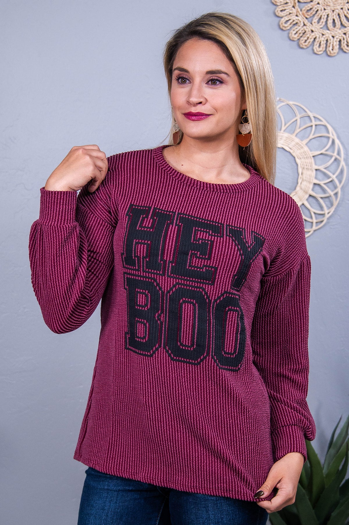 Hey Boo Wine Ribbed Top - T10487WN