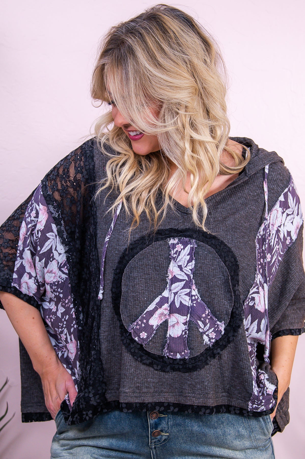 Find Peaceful People Charcoal/Multi Color/Pattern Patchwork Asymmetrical Top - T9677CH