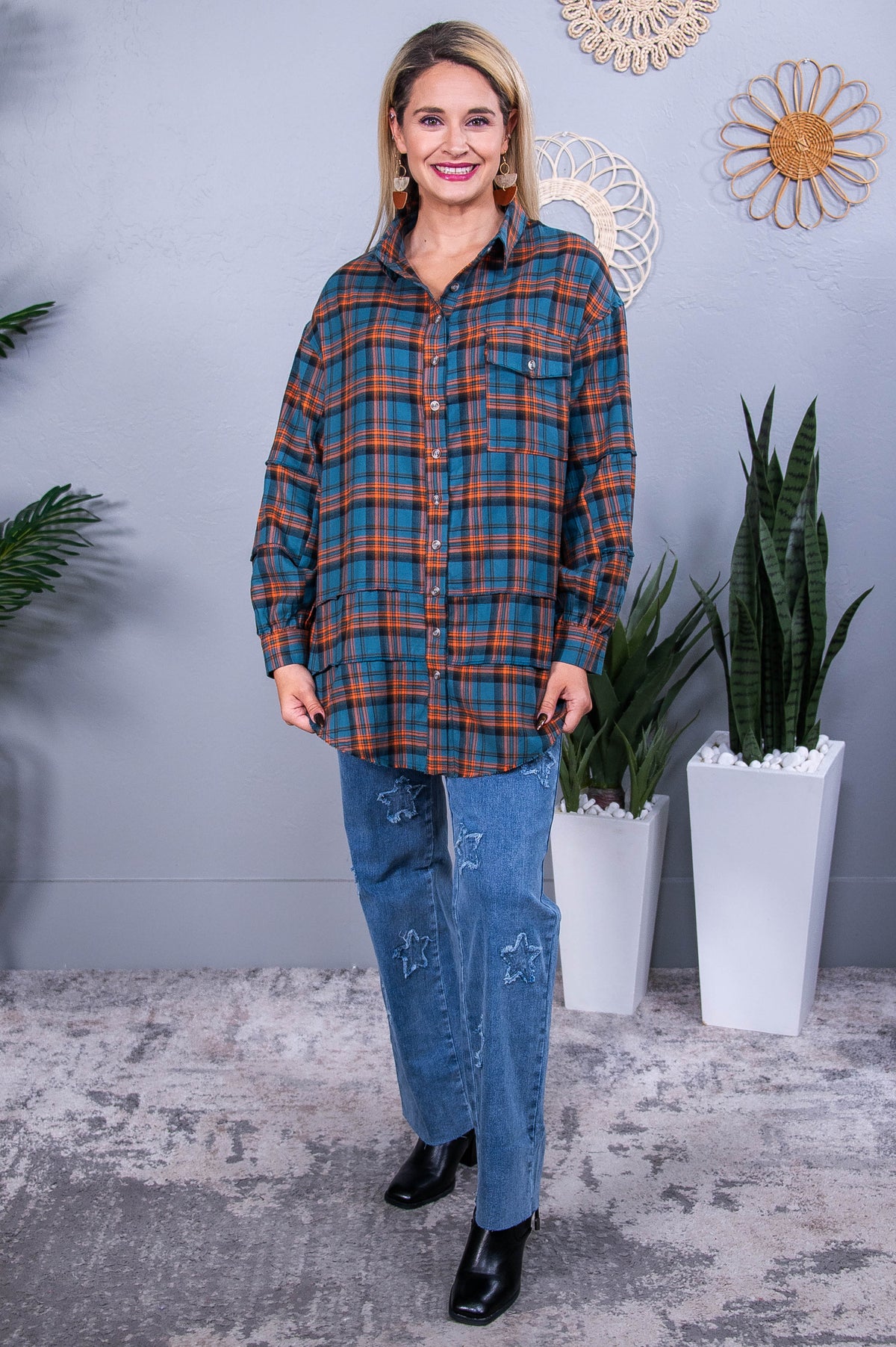 Days Like These Blue/Orange Plaid Top - T10486BL