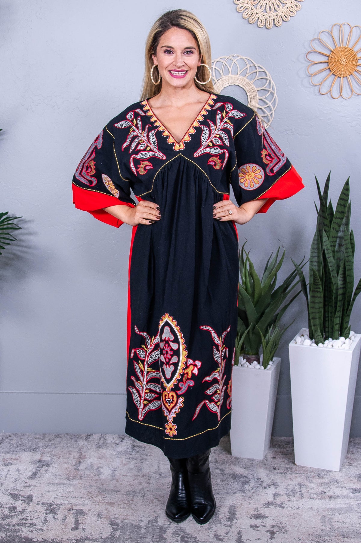 Never A Wallflower Black/Red Floral Embroidered Dress - D5541BK