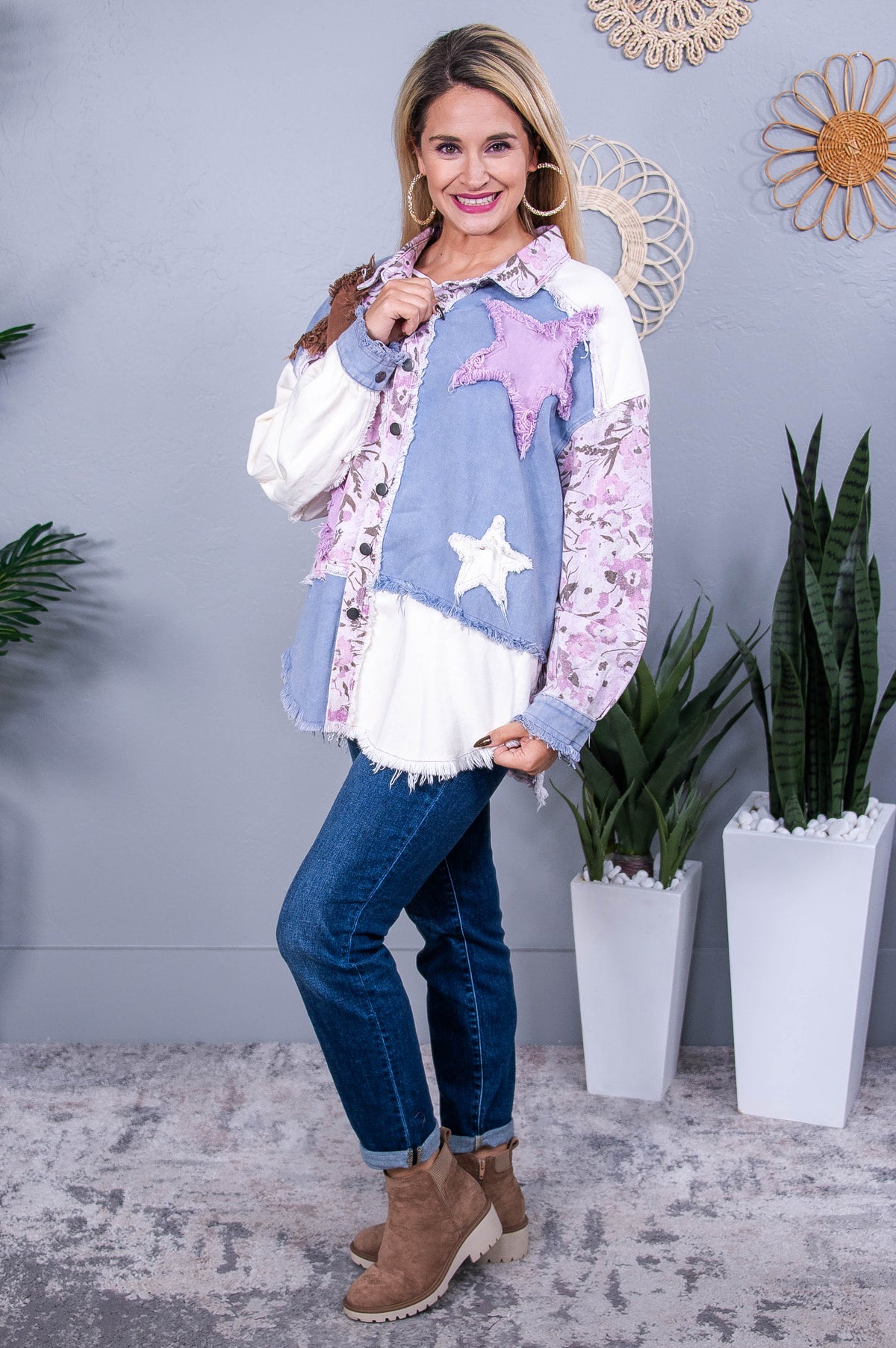 Going Strong Cream/Multi Color Floral/Star Frayed Patchwork Jacket - O5578CR