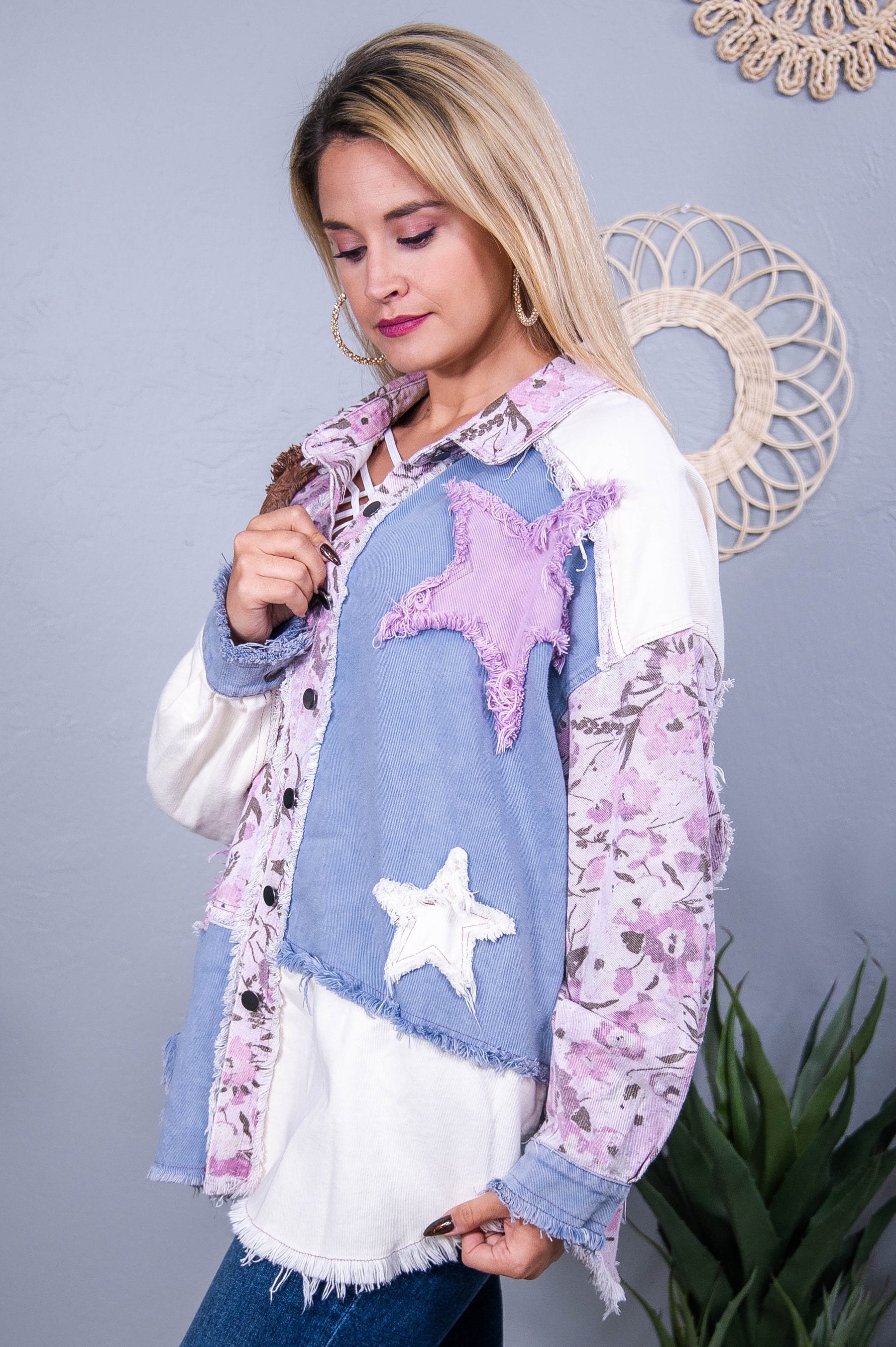 Going Strong Cream/Multi Color Floral/Star Frayed Patchwork Jacket - O5578CR