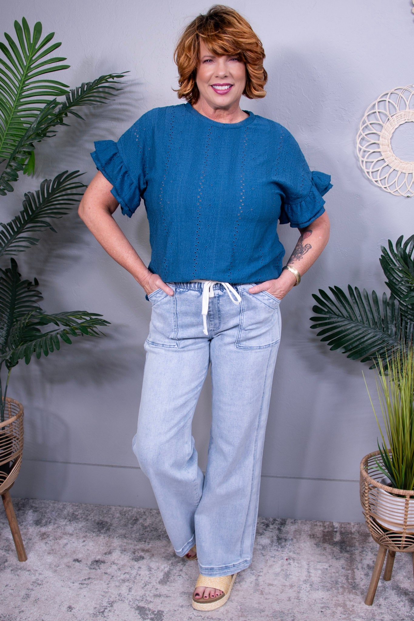 Ruffle Reign Eyelet Flounce Sleeve Top (5 Colors)