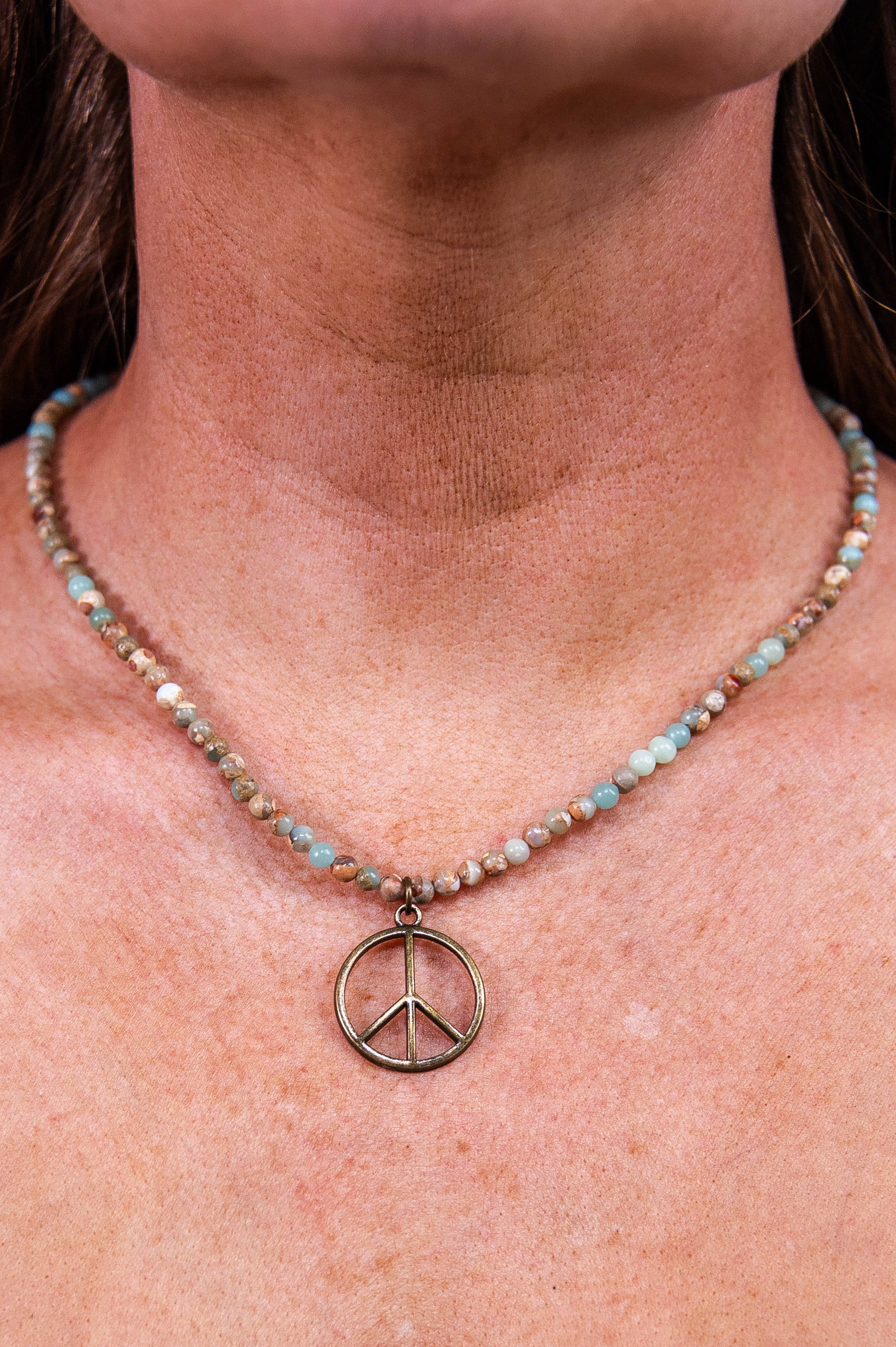 Multi Color Jasper Stone Peace Sign Pendant Necklace - NEK4372MU