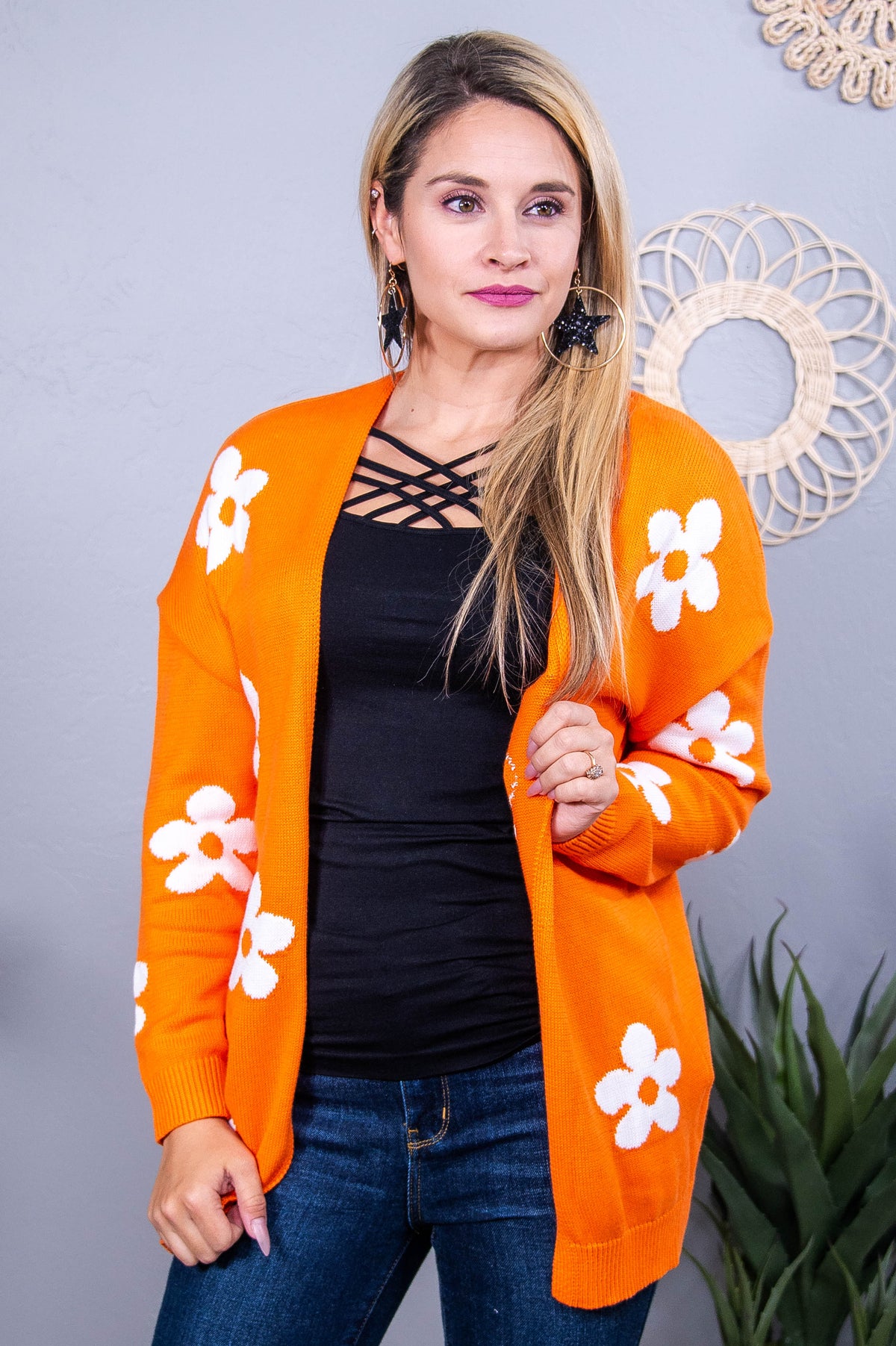 Start With Love Orange/Ivory Floral Knitted Cardigan - O5582OR