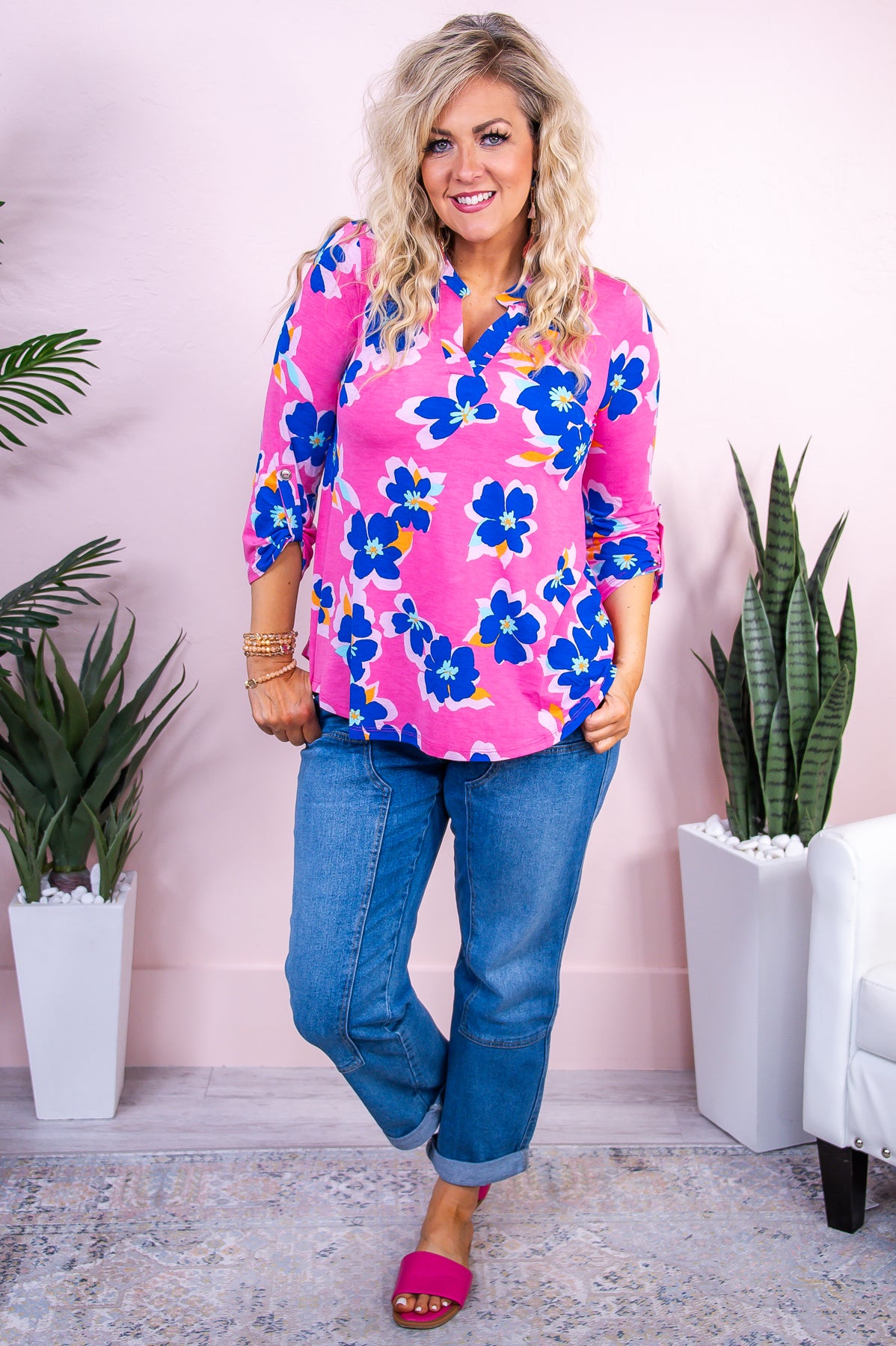 Daisy Dreaming Pink/Royal Blue Floral Top - T9707PK