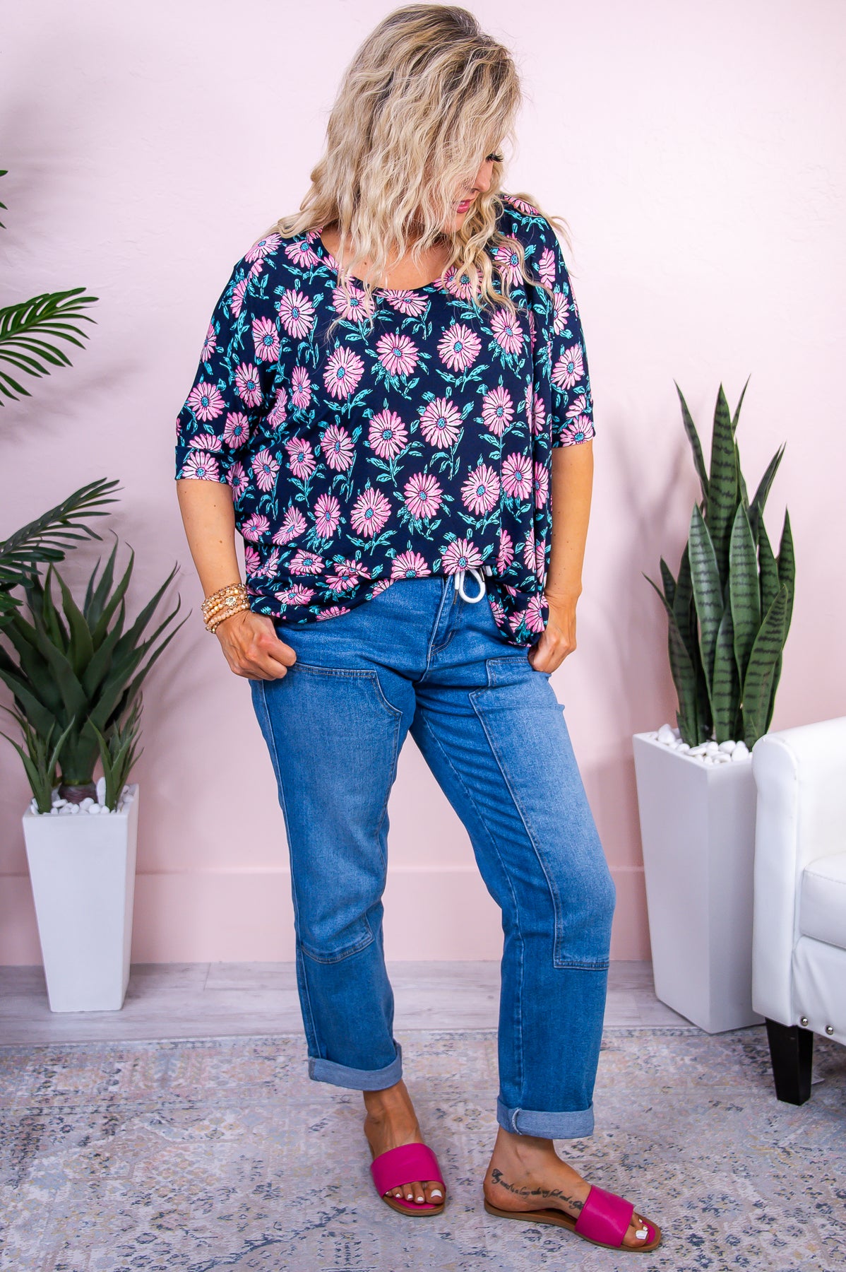 Style Meets Glam Navy/Hot Pink Floral Top - T9704NV