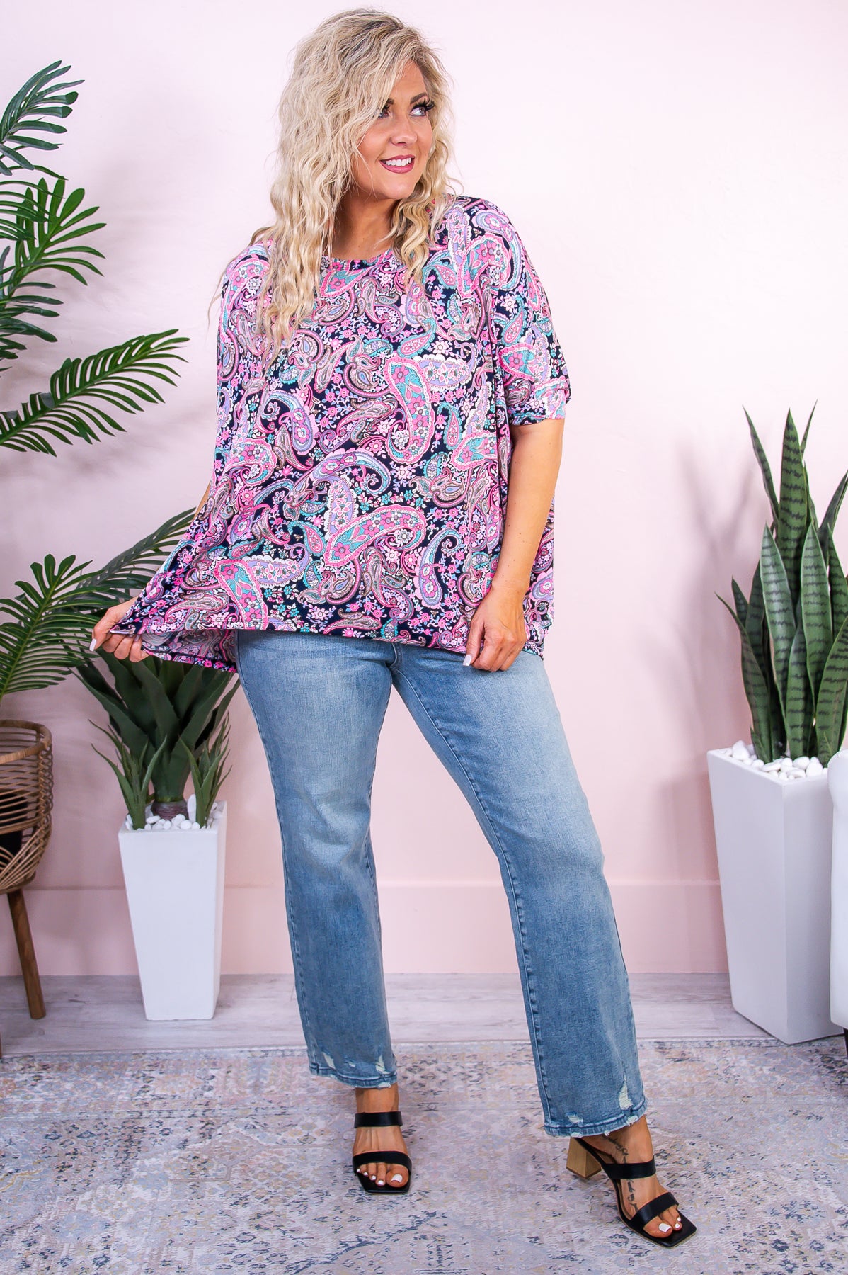 Stylish Mentality Navy/Pink Floral Paisley Top - T9705NV