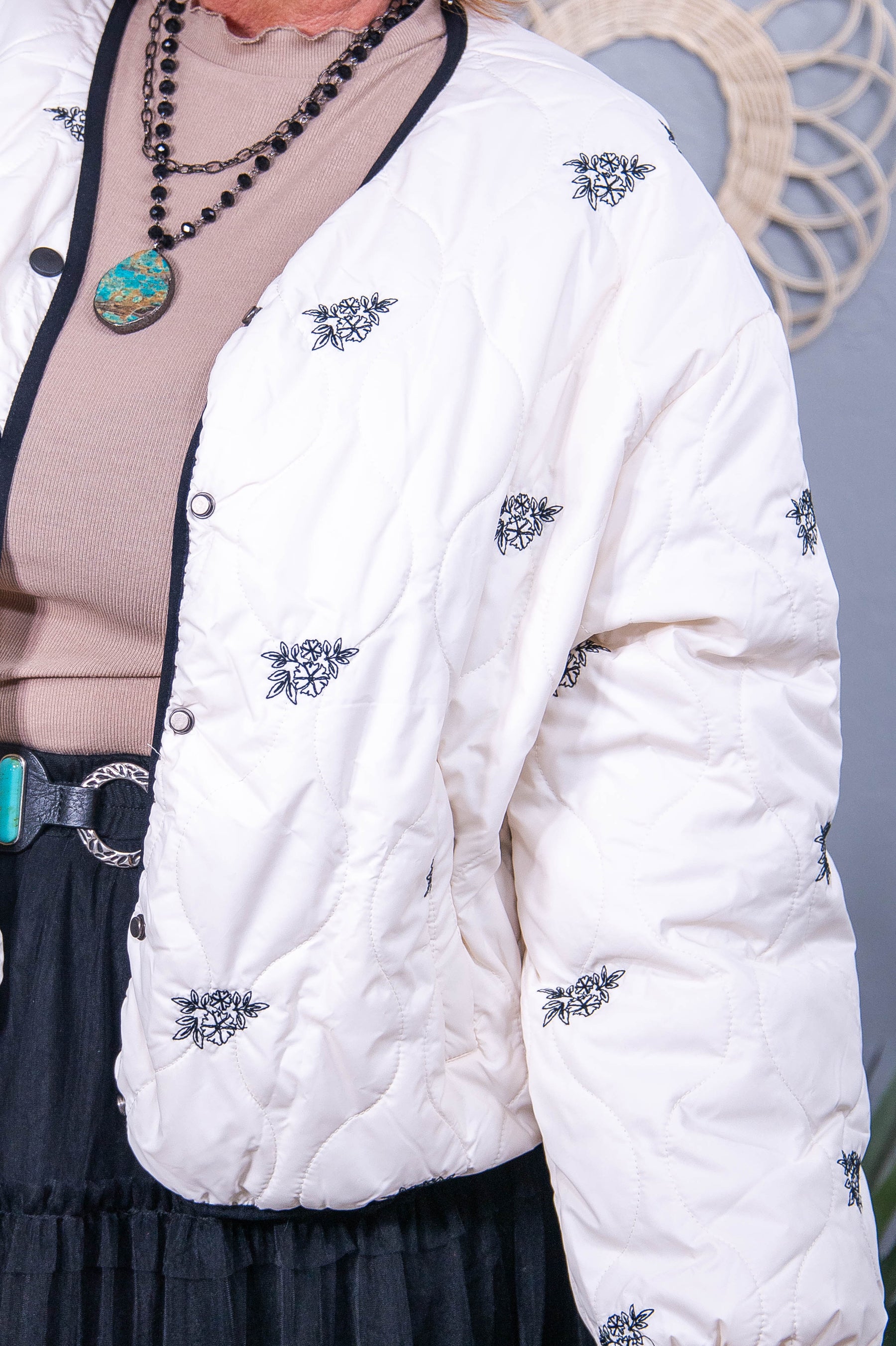 Comforts Of Fall Cream/Black Floral Embroidered Quilted Jacket - O5581CR