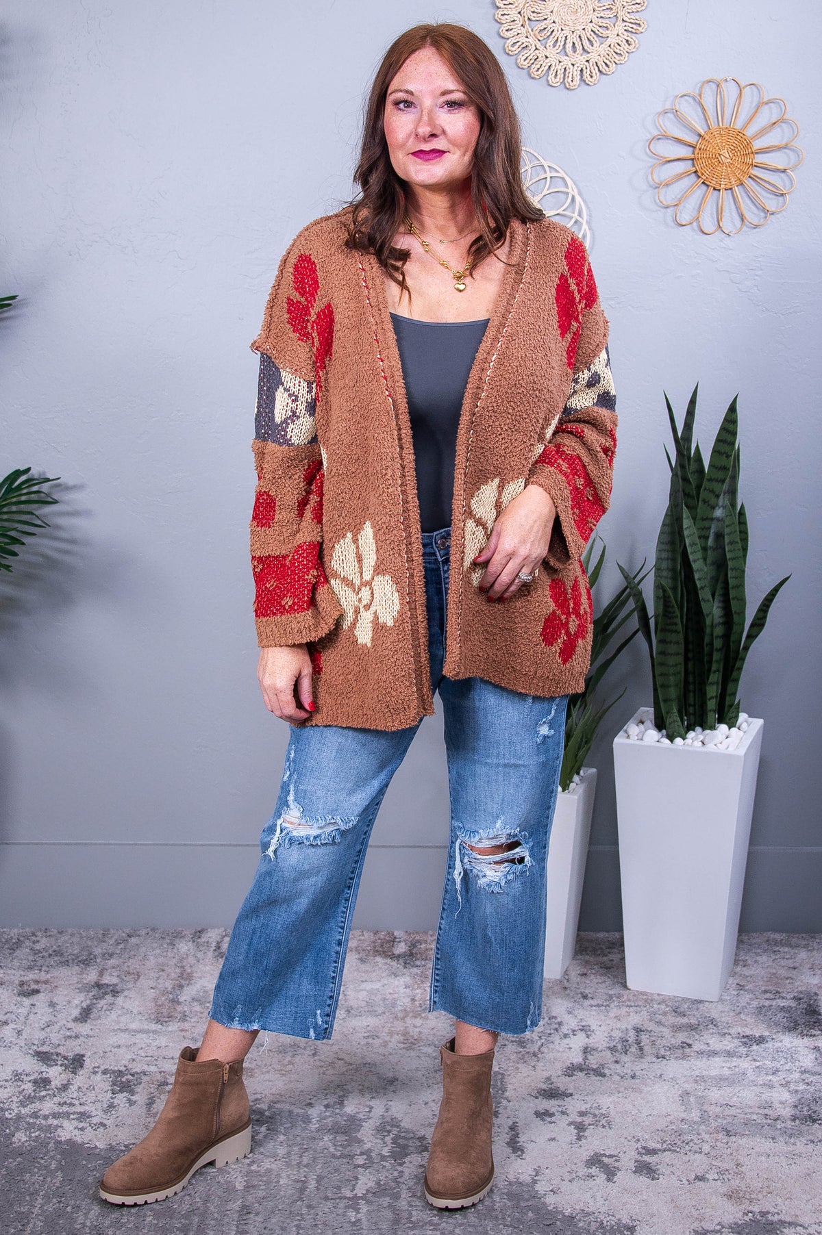 I Can Buy Myself Flowers Light Brown/Multi Color Floral Fuzzy Cardigan - O5587LBR