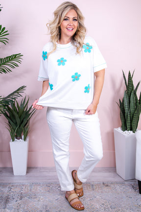 Time To Shine Off White/Turquoise Floral Top - T9739OW