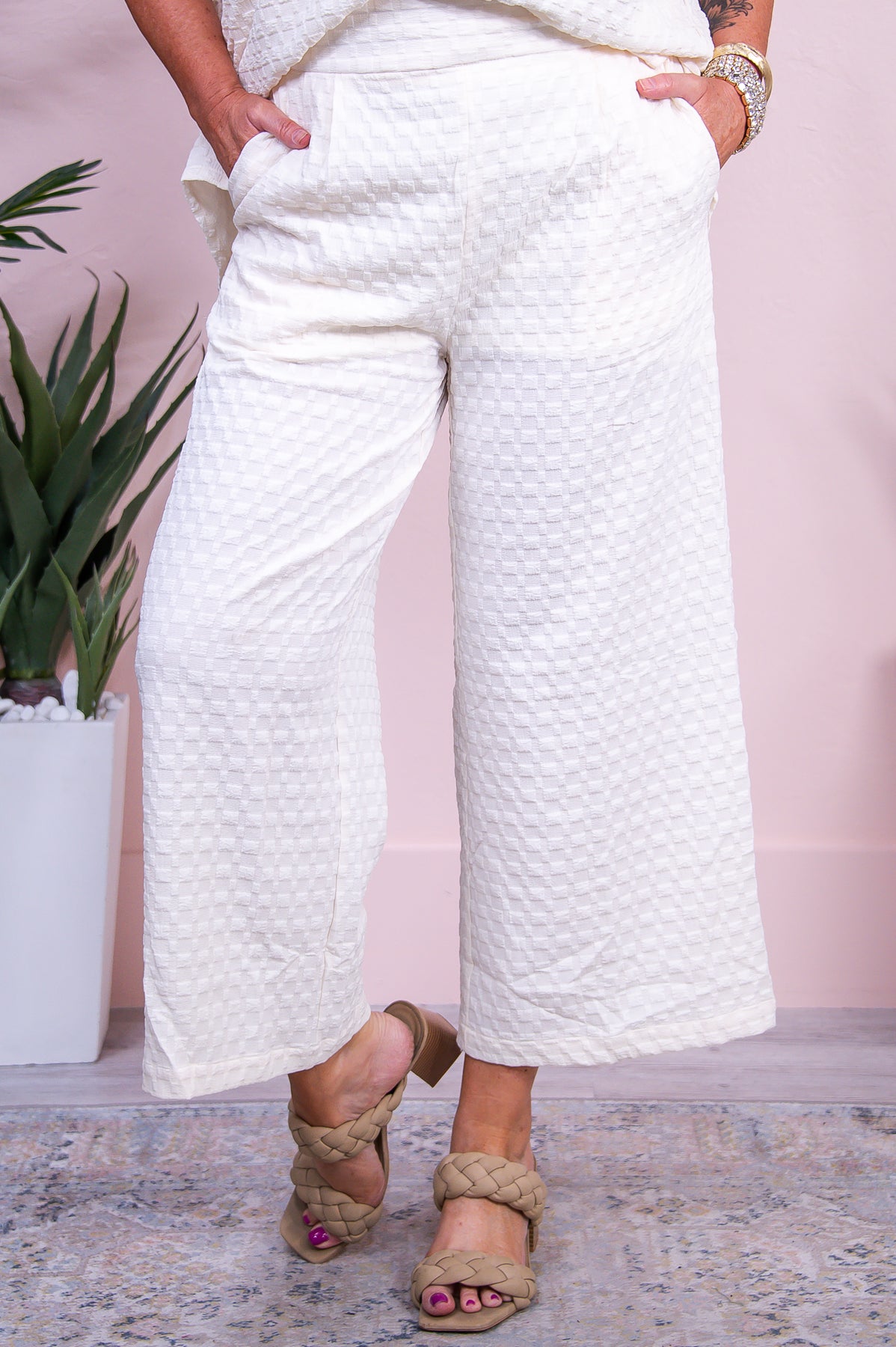 Summer Mirage Cream Solid Checkered Pants - PNT1636CR
