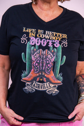 Life Is Better In Boots Black Graphic Tee - A3388BK