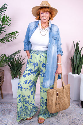 My Sweet Side Lime/Blue Floral Palazzo Pants - PNT1640LM