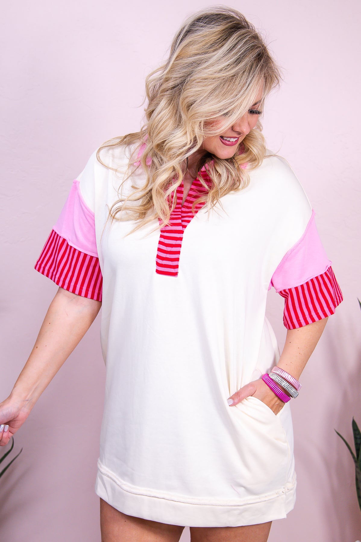 Yacht Vibes & Good Times Pink/Cream Striped Dress - D5353PK