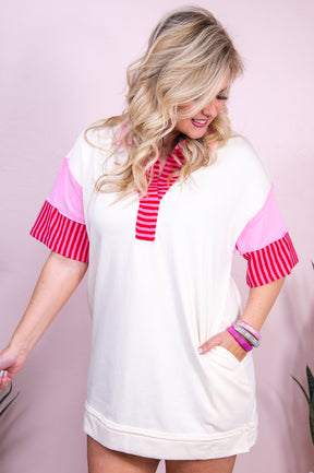 Yacht Vibes & Good Times Pink/Cream Striped Dress - D5353PK