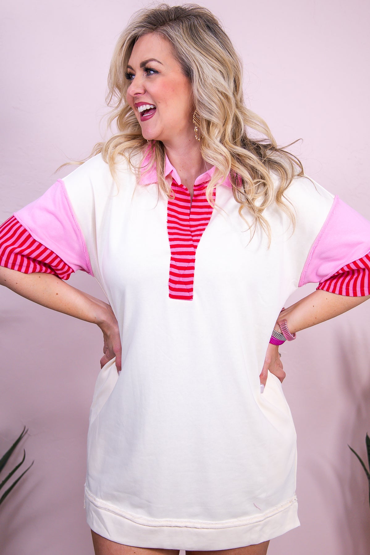 Yacht Vibes & Good Times Pink/Cream Striped Dress - D5353PK