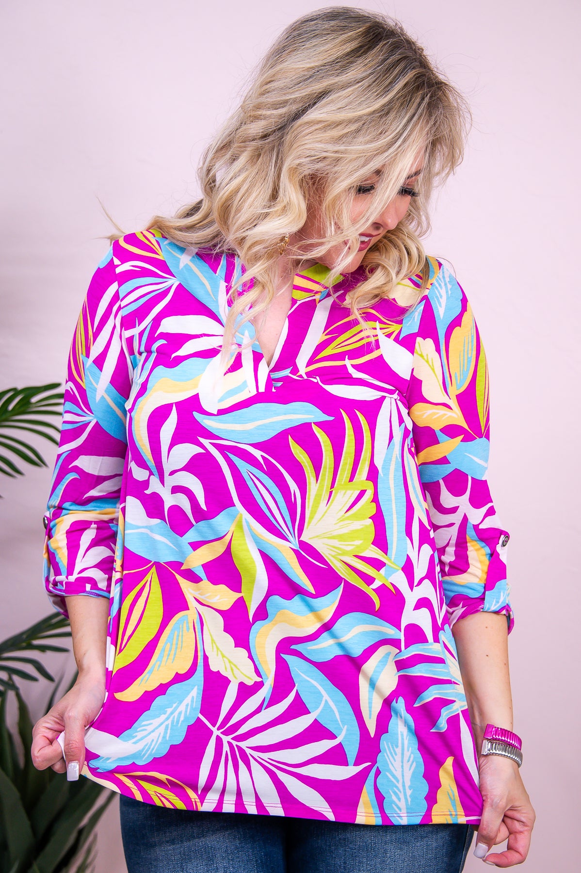 Everything I Wanted Magenta/Multi Color Tropical Leaf Top - T9762MG