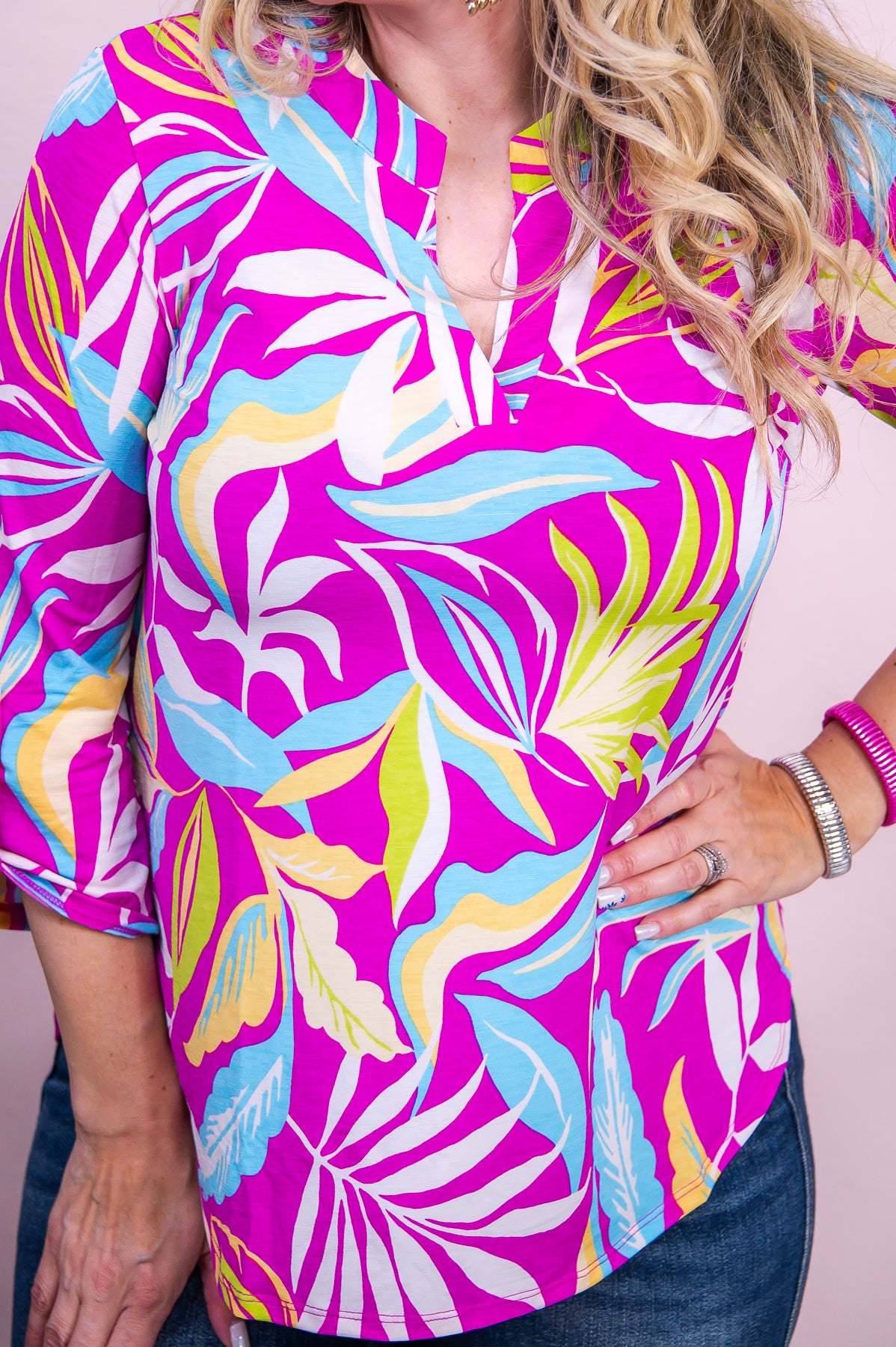 Everything I Wanted Magenta/Multi Color Tropical Leaf Top - T9762MG