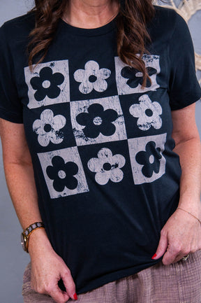 Couldn't Be Happier Vintage Black/Taupe Checkered/Boho Flowers Graphic Tee - A3666VBK