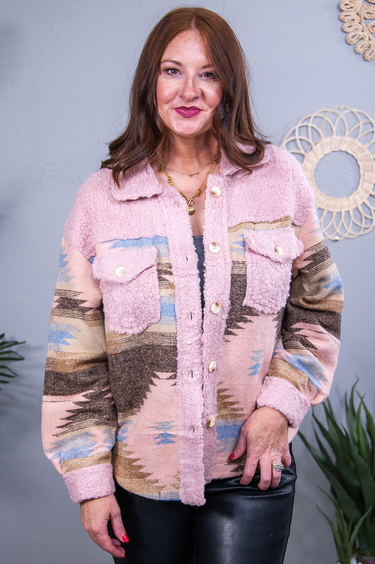 Forget The Rest Pink Aztec Printed Sherpa Jacket - O5592PK