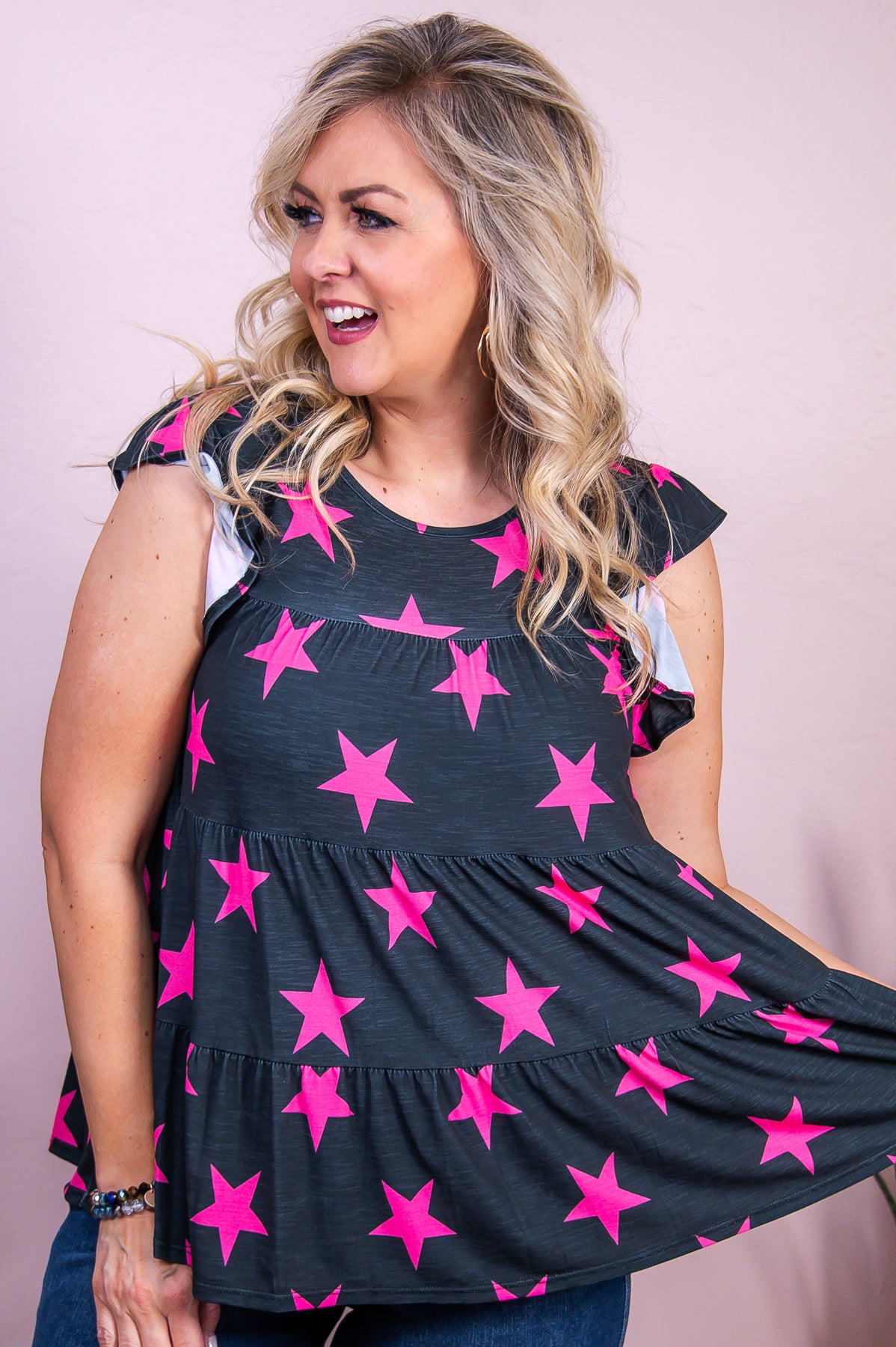 Starry Eyed Black/Fuchsia Star Babydoll Top - T9773BK