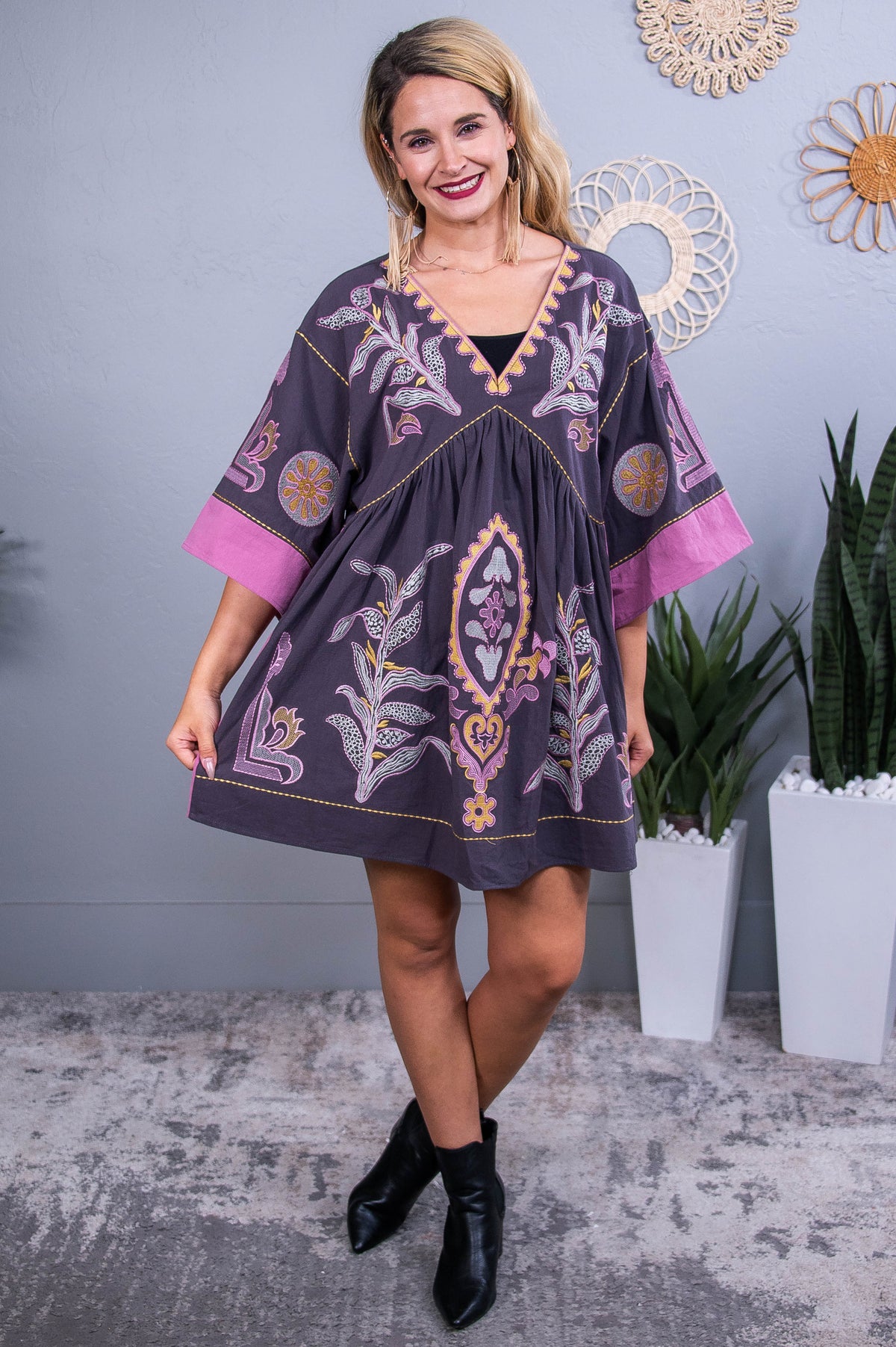 Cultivating Kindness Charcoal/Berry Floral Embroidered Woven Dress - D5550CH