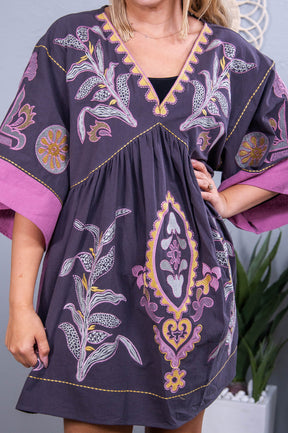 Cultivating Kindness Charcoal/Berry Floral Embroidered Woven Dress - D5550CH