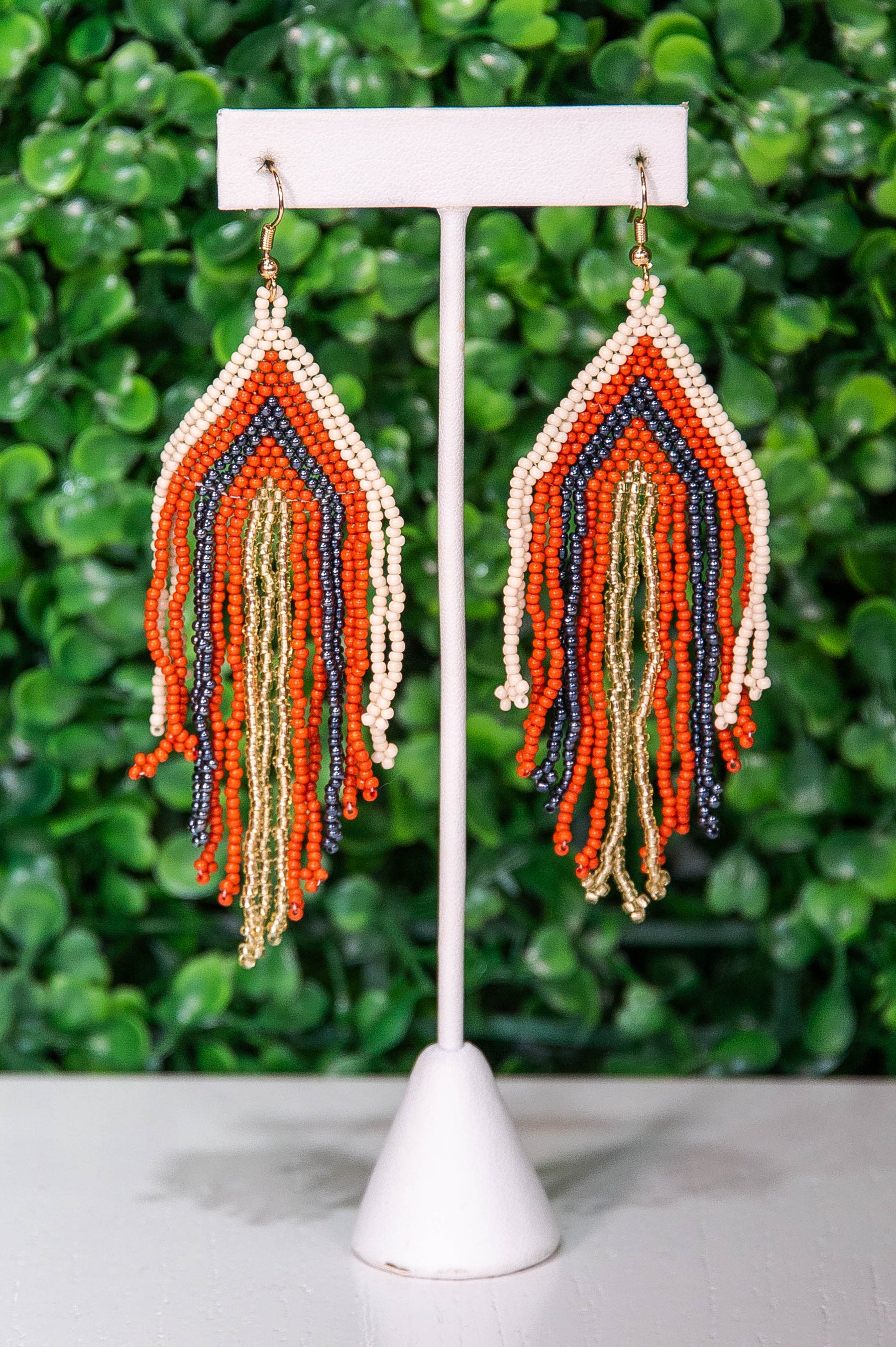 Rust/Multi Color Seed Bead Triangle Fringe Earrings - EAR4415RU