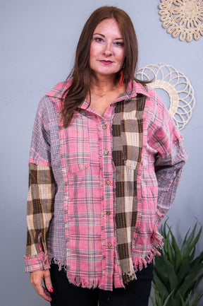 Always Be The Best Pink/Brown Plaid Frayed Top - T10528PK