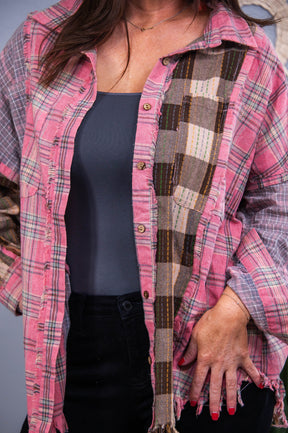 Always Be The Best Pink/Brown Plaid Frayed Top - T10528PK