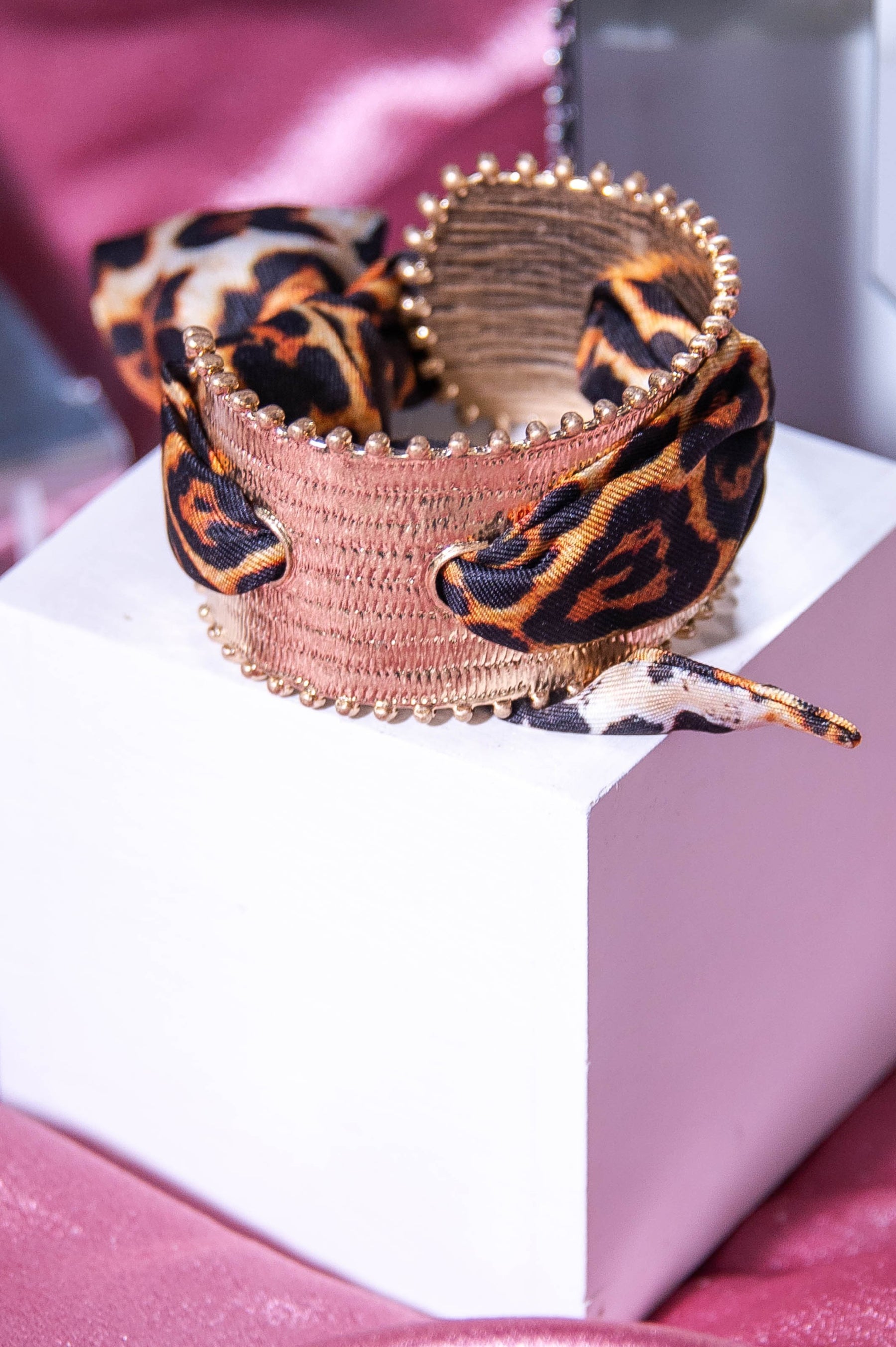 Brown/Gold Printed Fabric/Texture Cuff Bracelet - BRC3435BR