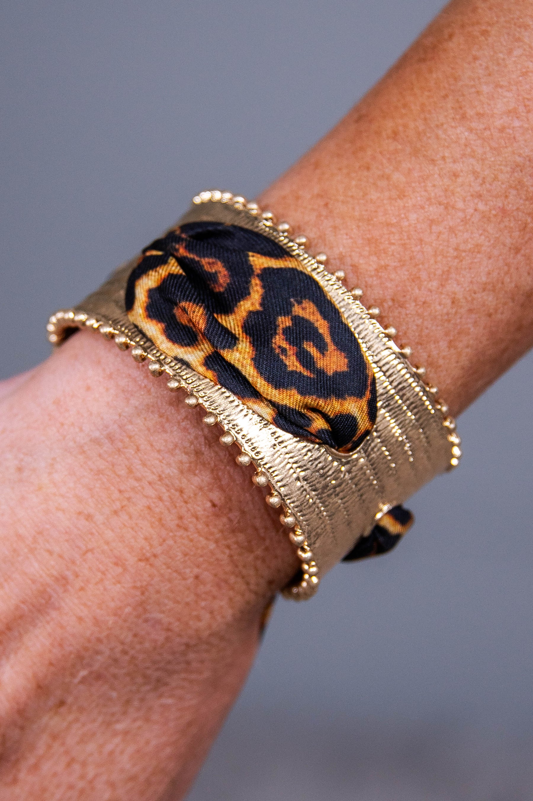 Brown/Gold Printed Fabric/Texture Cuff Bracelet - BRC3435BR