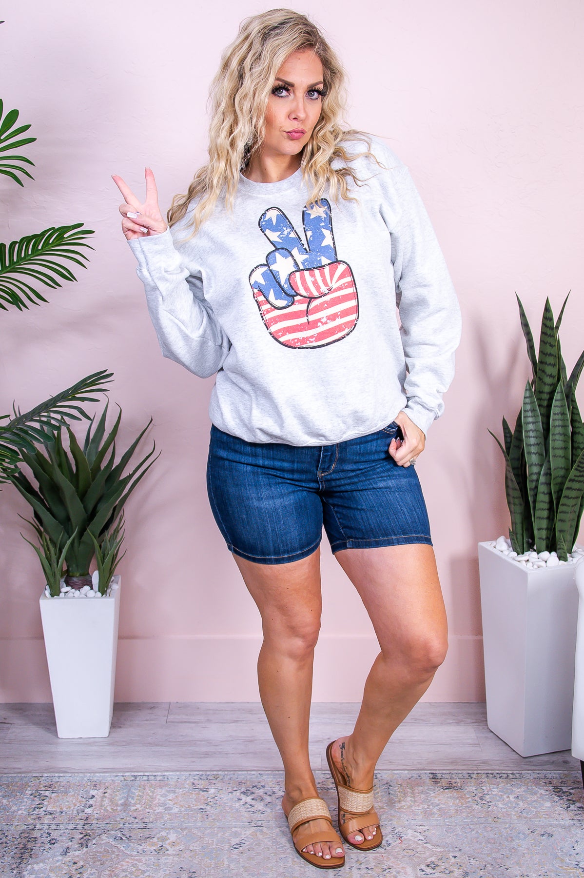 The American Way Ash Patriotic Peace Sign Graphic Sweatshirt - A3394AH