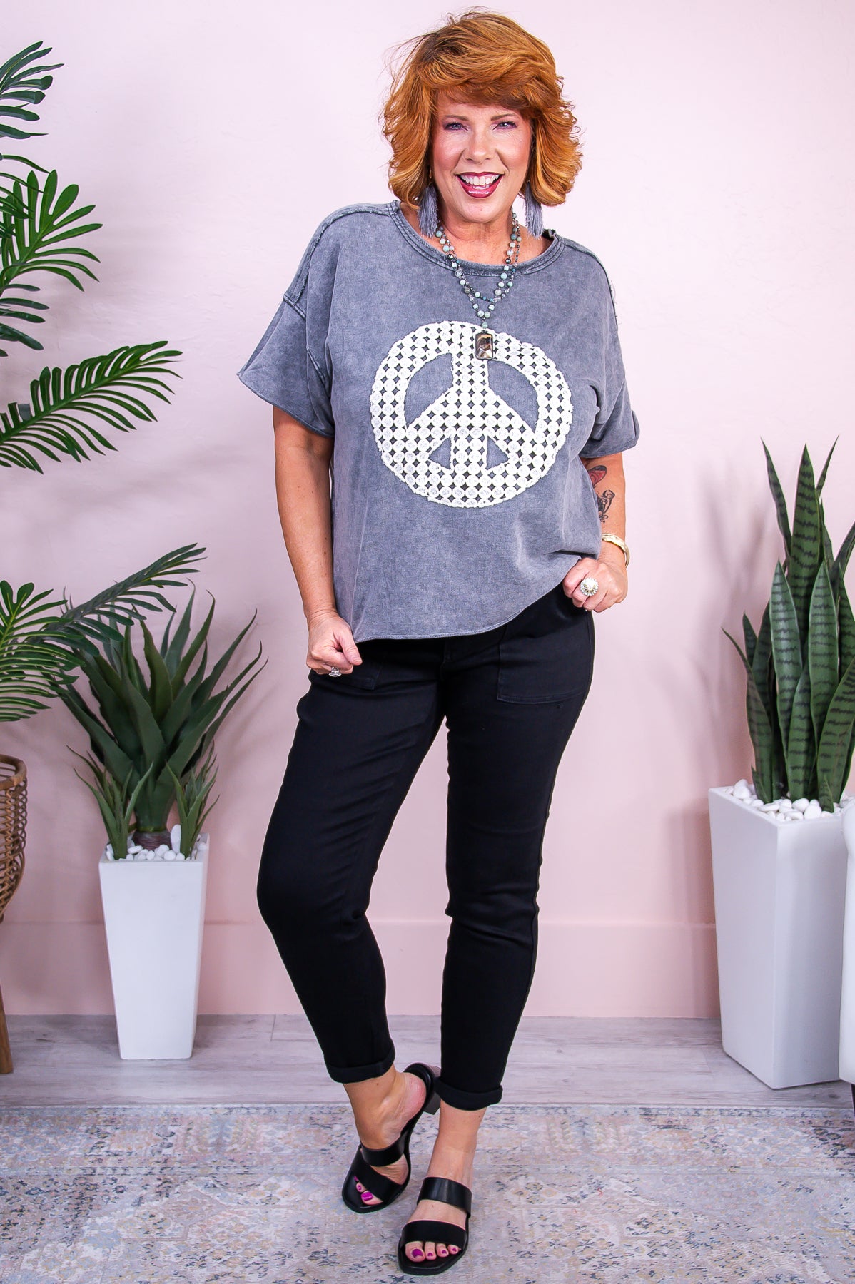 Rooting For Peace Charcoal Peace Sign Top - T9813CH