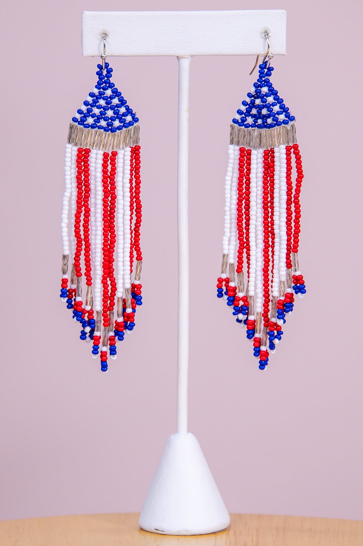 Red/White/Blue Seed Bead Tassel Drop Earrings - EAR4318RD