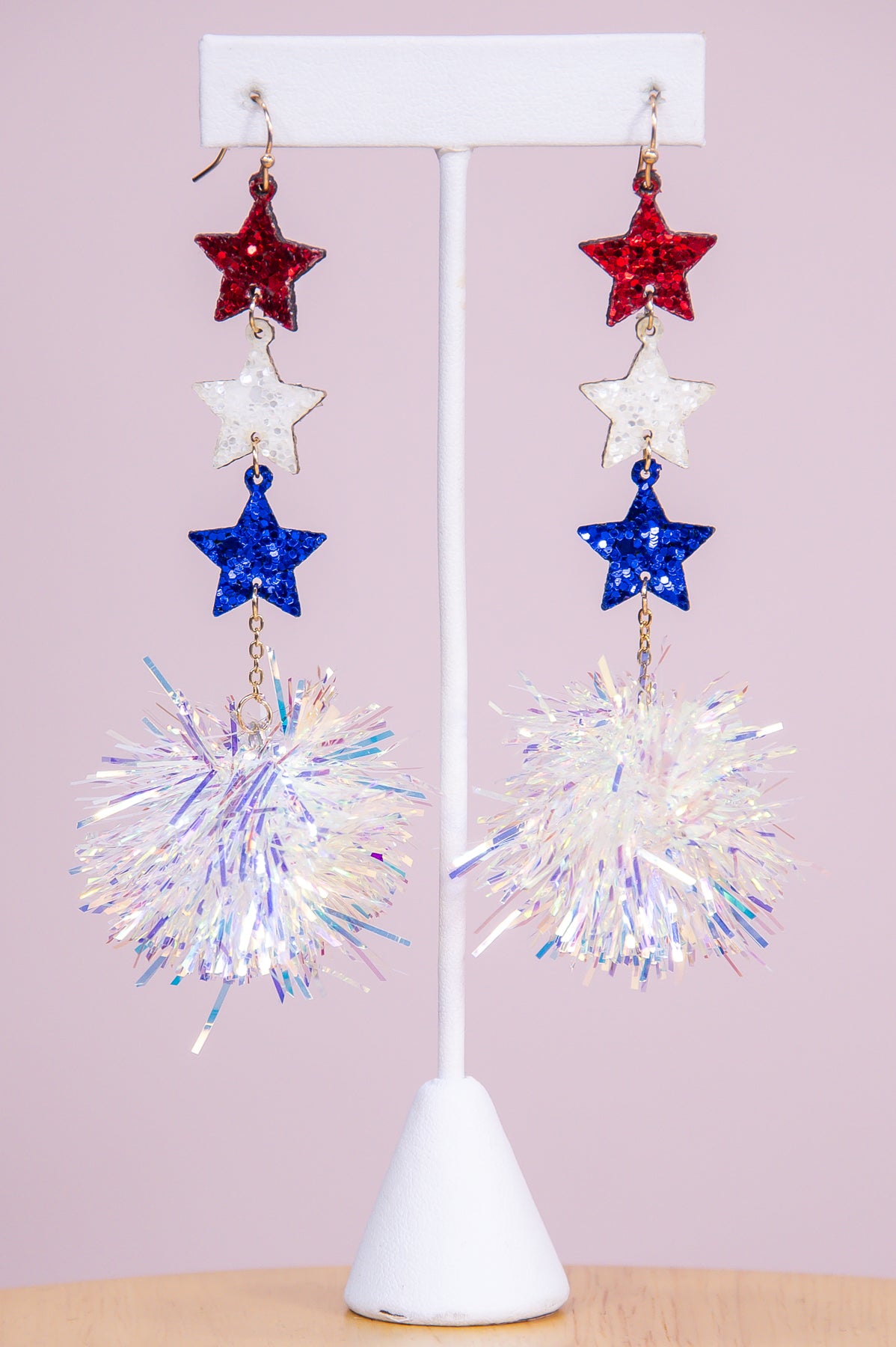 Red/White/Blue Glitter Star Pompom Drop Earrings - EAR4317RD